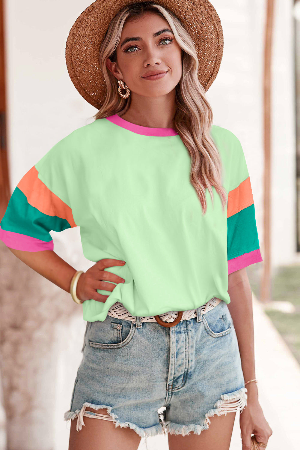 Pink Color Block Sleeve Round Neck Oversize Top