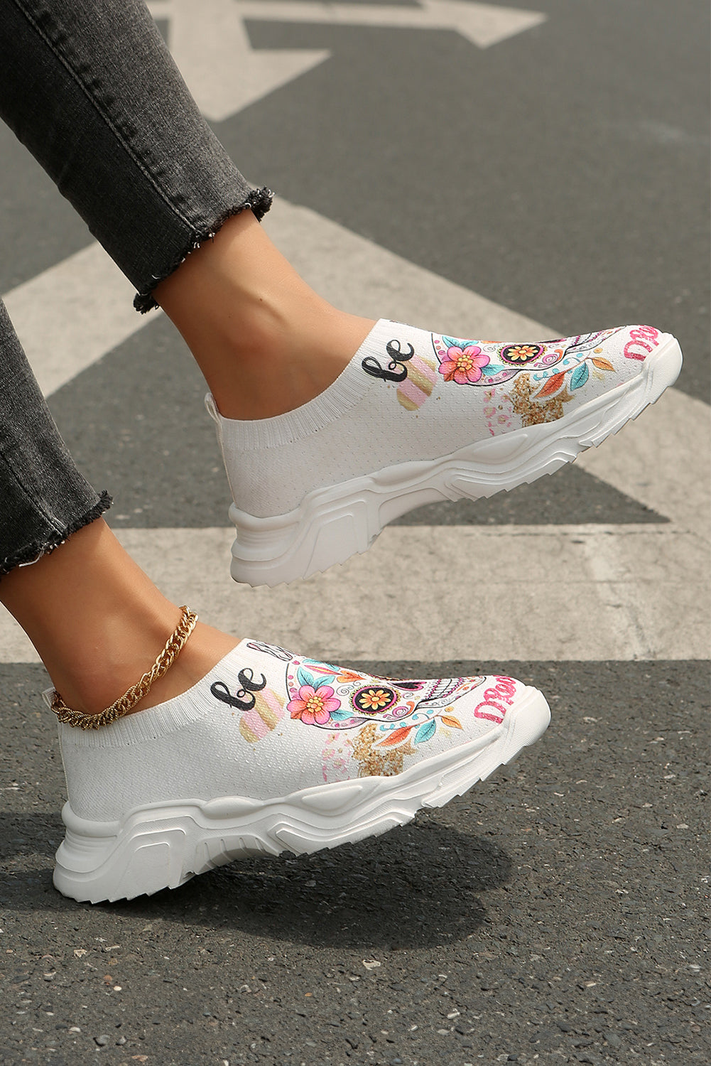 White Halloween Floral Skull Printed Slip-On Flat Sneakers