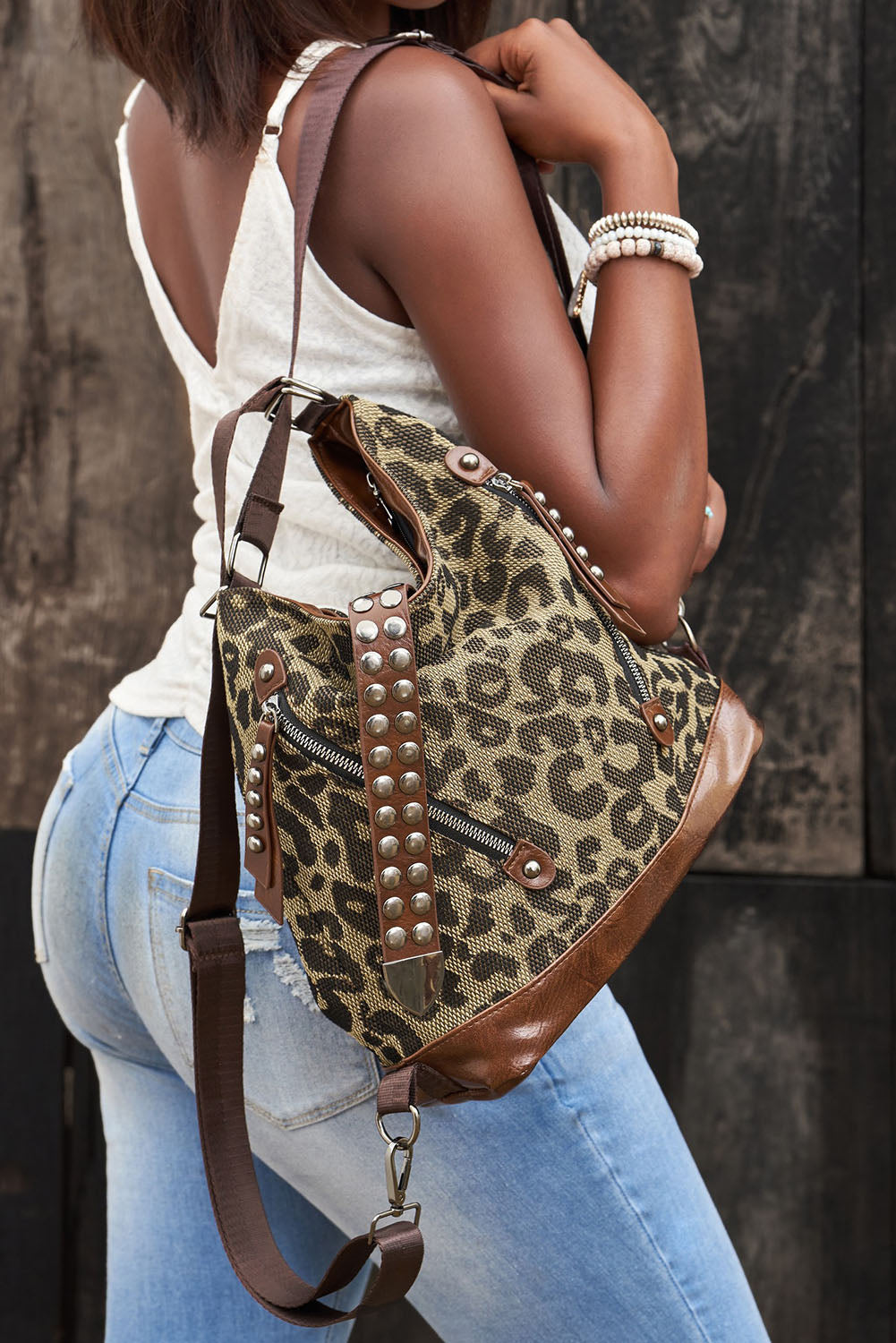 Wholesale Brown Leopard Stud Western Shoulder Bag