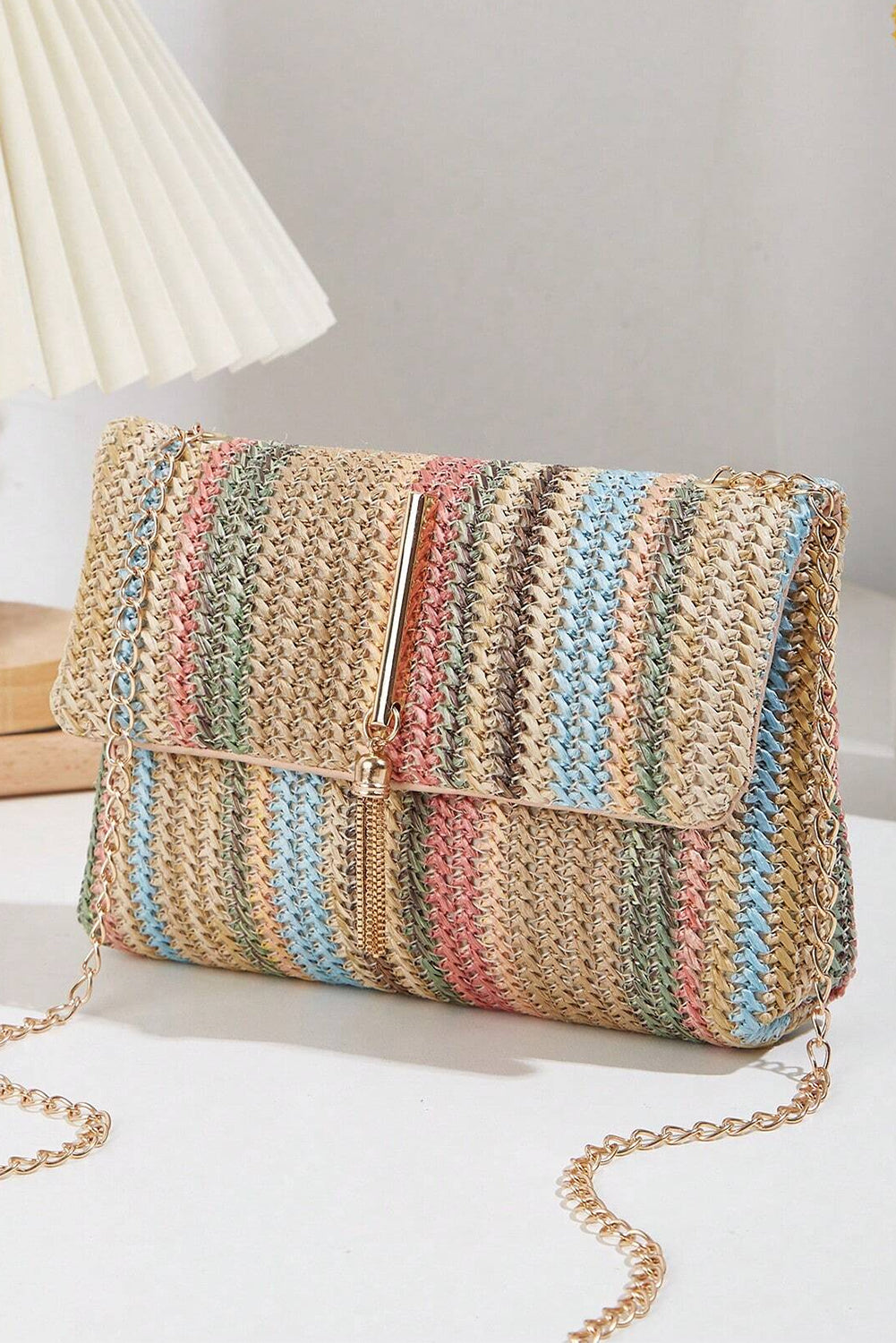 Multicolour Striped Crochet Flapped Single Shoulder Bag