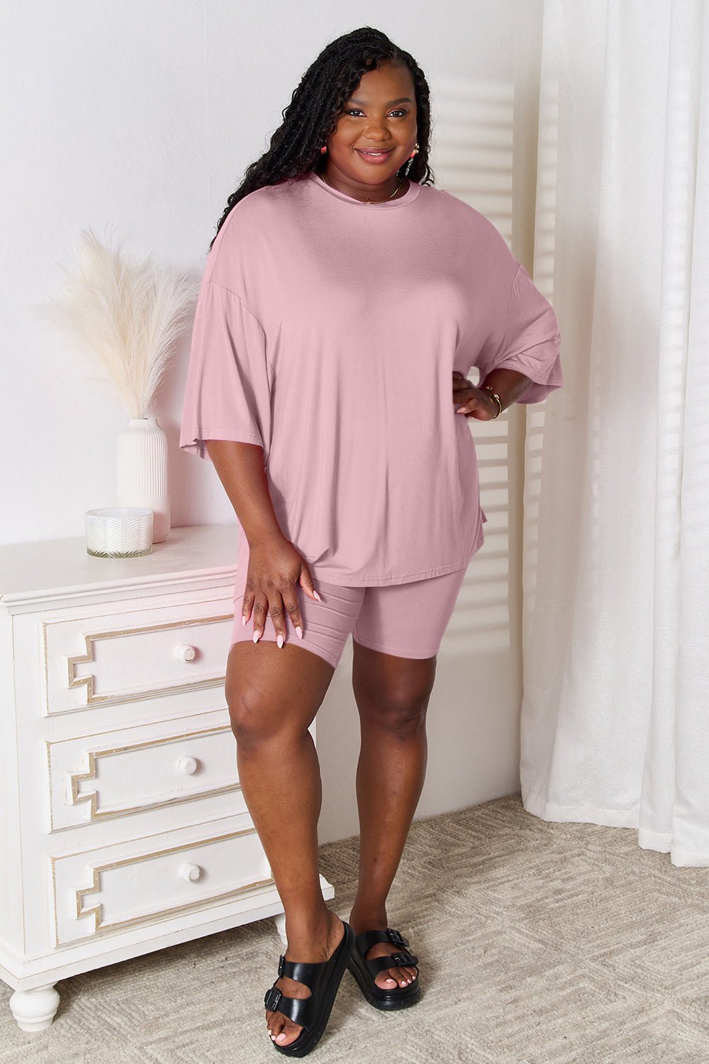 Basic Bae Full Size Soft Rayon Three - Quarter Sleeve Top and Shorts Set - Creative Designs by Shanny