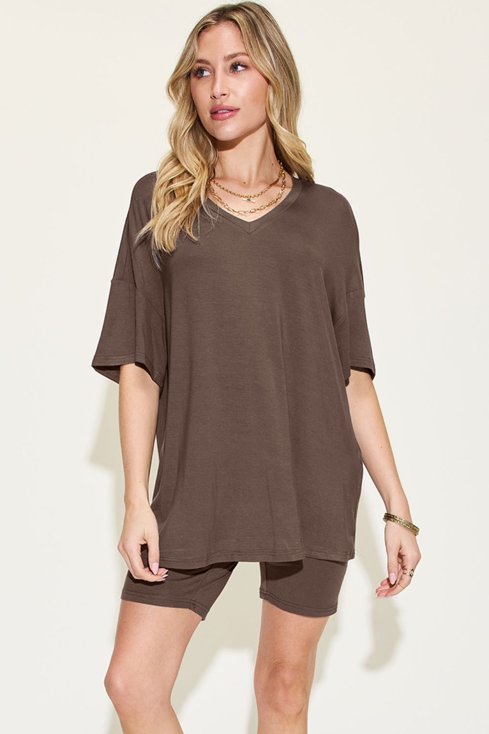 Basic Bae Full Size V - Neck Drop Shoulder T-Shirt and Shorts Set - Creative Designs by Shanny