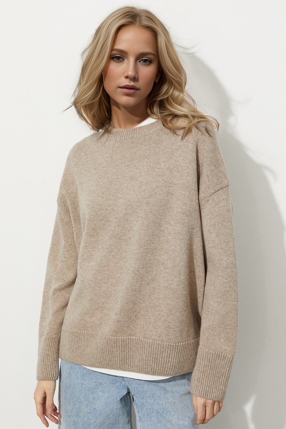 Basic Bae Round Neck Dropped Shoulder Long Sleeve Sweater - Creative Designs by Shanny