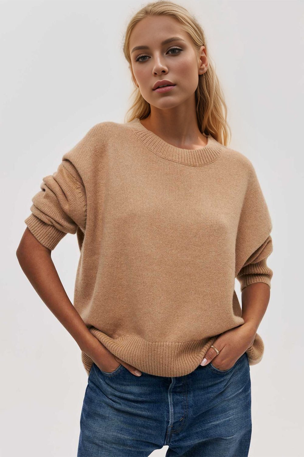 Basic Bae Round Neck Dropped Shoulder Long Sleeve Sweater - Creative Designs by Shanny