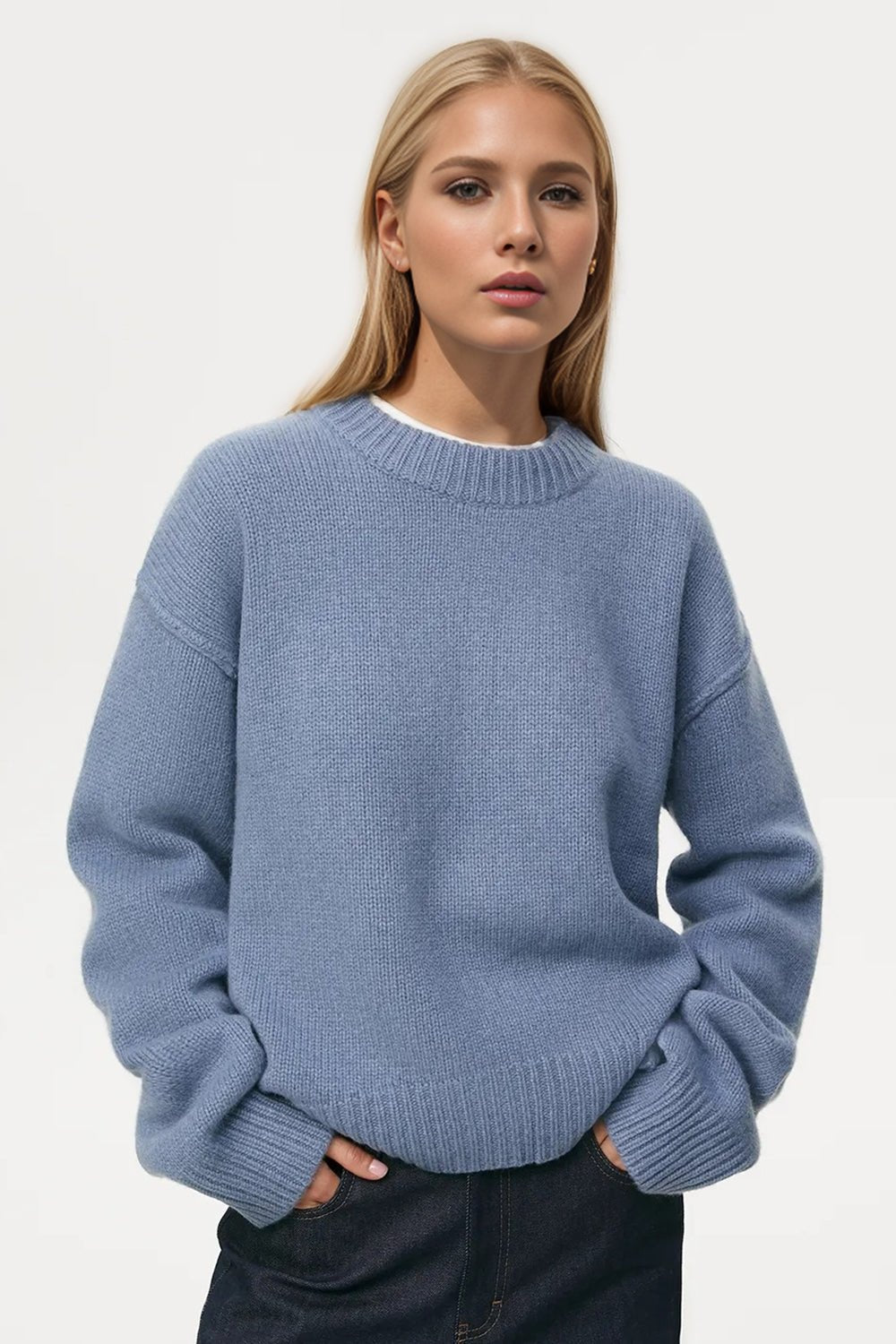 Basic Bae Round Neck Dropped Shoulder Sweater - Creative Designs by Shanny