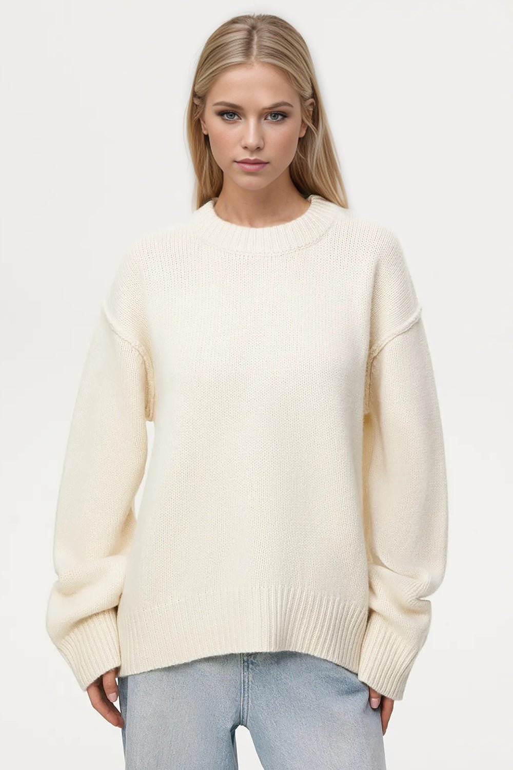 Basic Bae Round Neck Dropped Shoulder Sweater - Creative Designs by Shanny