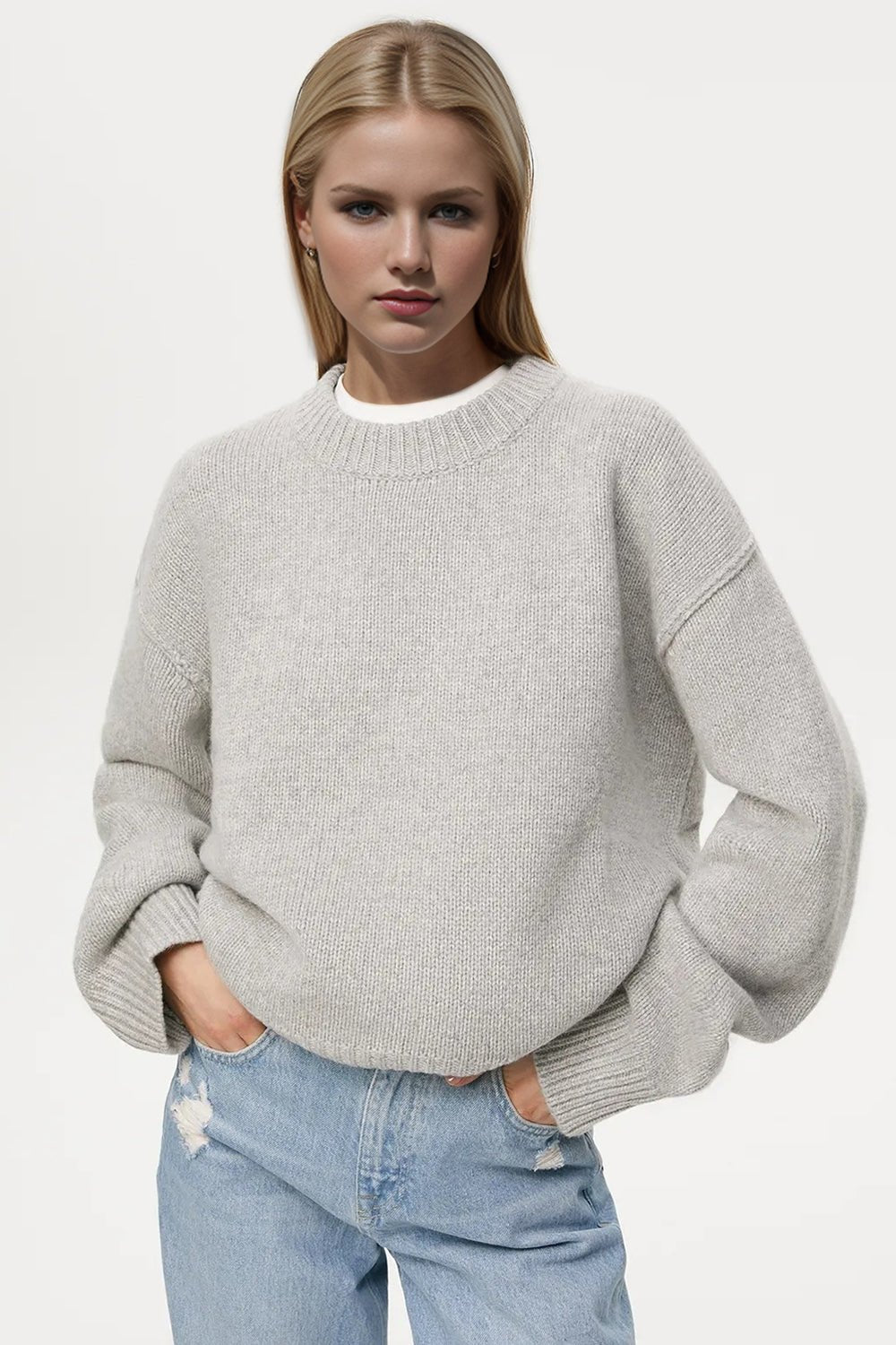 Basic Bae Round Neck Dropped Shoulder Sweater - Creative Designs by Shanny