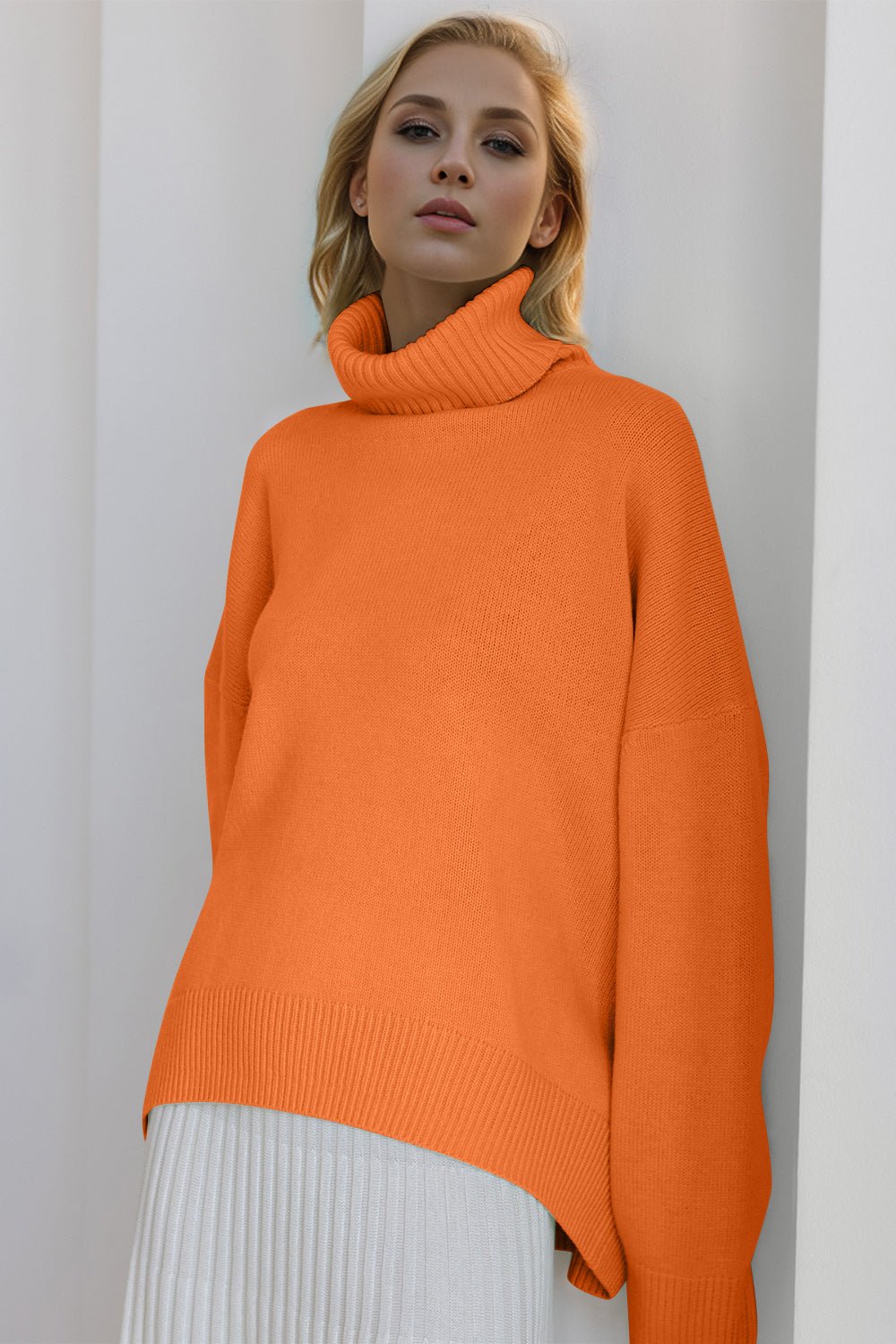 Basic Bae Turtleneck Dropped Shoulder Long Sleeve Sweater - Creative Designs by Shanny