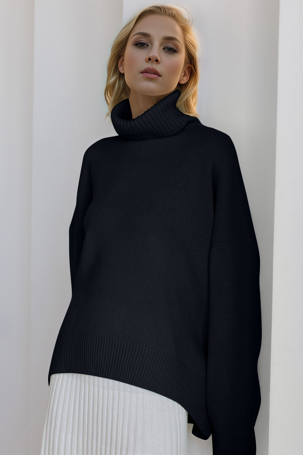 Basic Bae Turtleneck Dropped Shoulder Long Sleeve Sweater - Creative Designs by Shanny