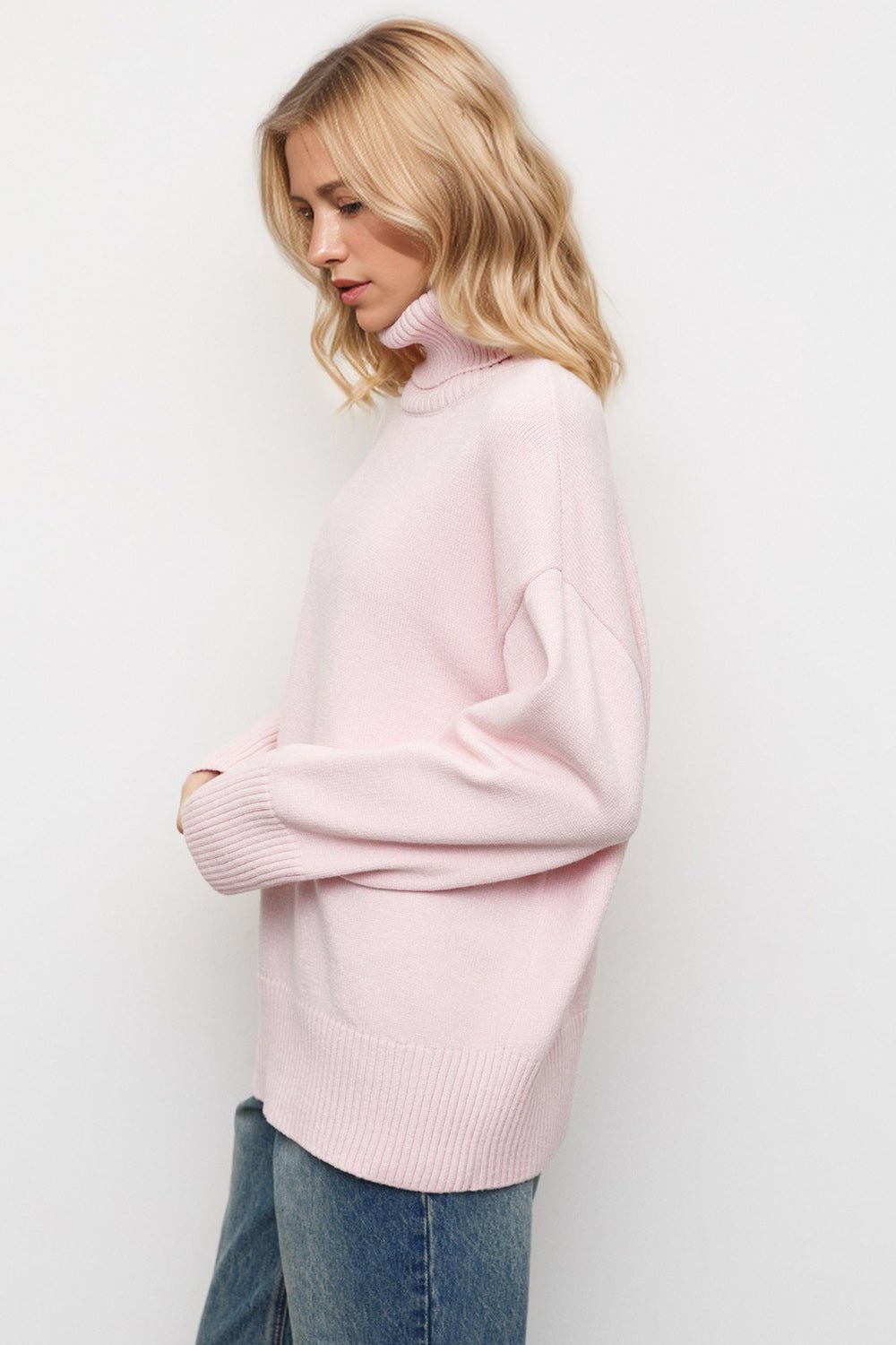 Basic Bae Turtleneck Dropped Shoulder Long Sleeve Sweater - Creative Designs by Shanny