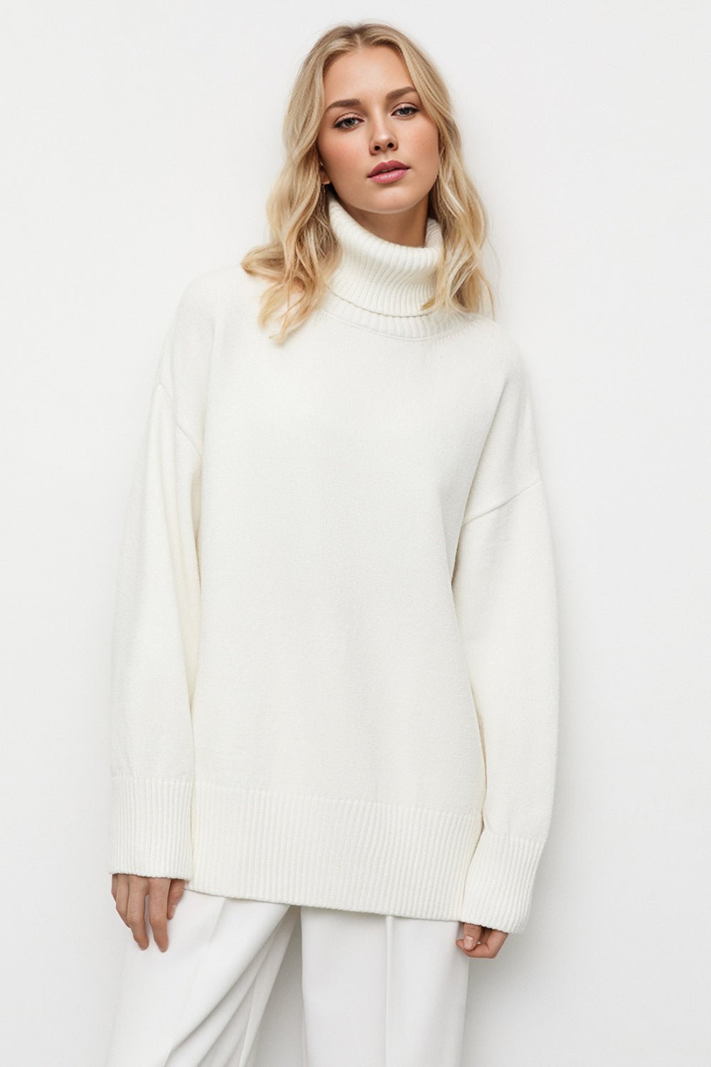 Basic Bae Turtleneck Dropped Shoulder Long Sleeve Sweater - Creative Designs by Shanny