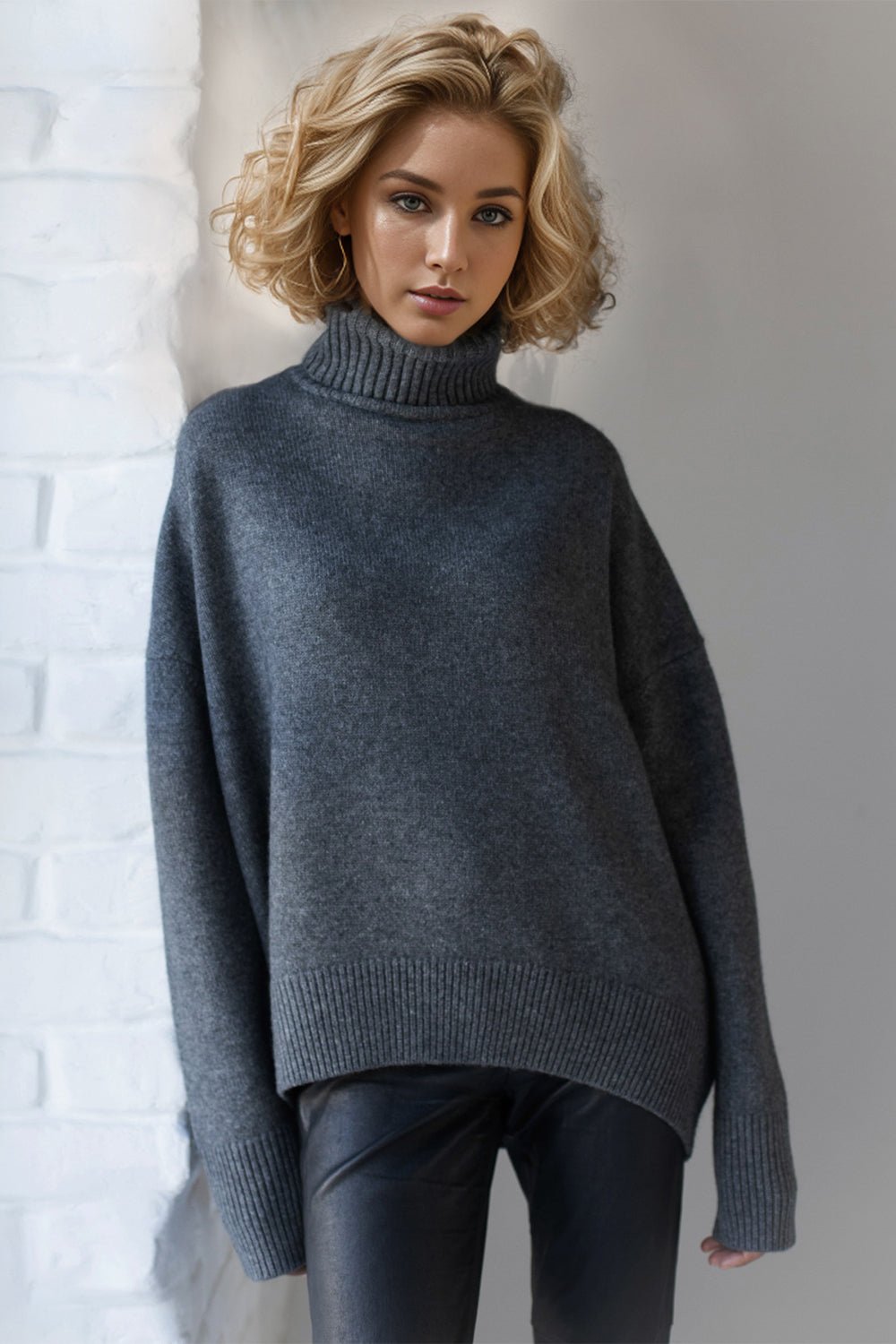 Basic Bae Turtleneck Dropped Shoulder Long Sleeve Sweater - Creative Designs by Shanny