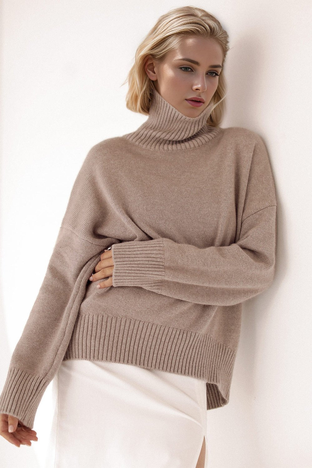 Basic Bae Turtleneck Dropped Shoulder Long Sleeve Sweater - Creative Designs by Shanny