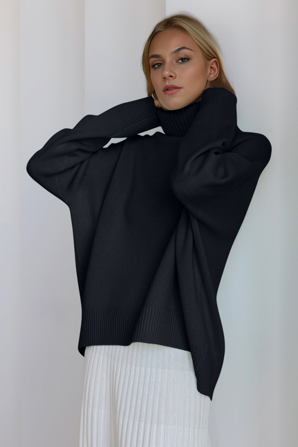 Basic Bae Turtleneck Dropped Shoulder Long Sleeve Sweater - Creative Designs by Shanny