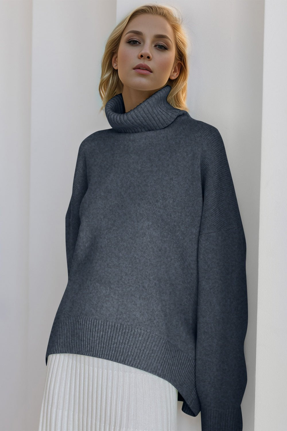 Basic Bae Turtleneck Dropped Shoulder Long Sleeve Sweater - Creative Designs by Shanny