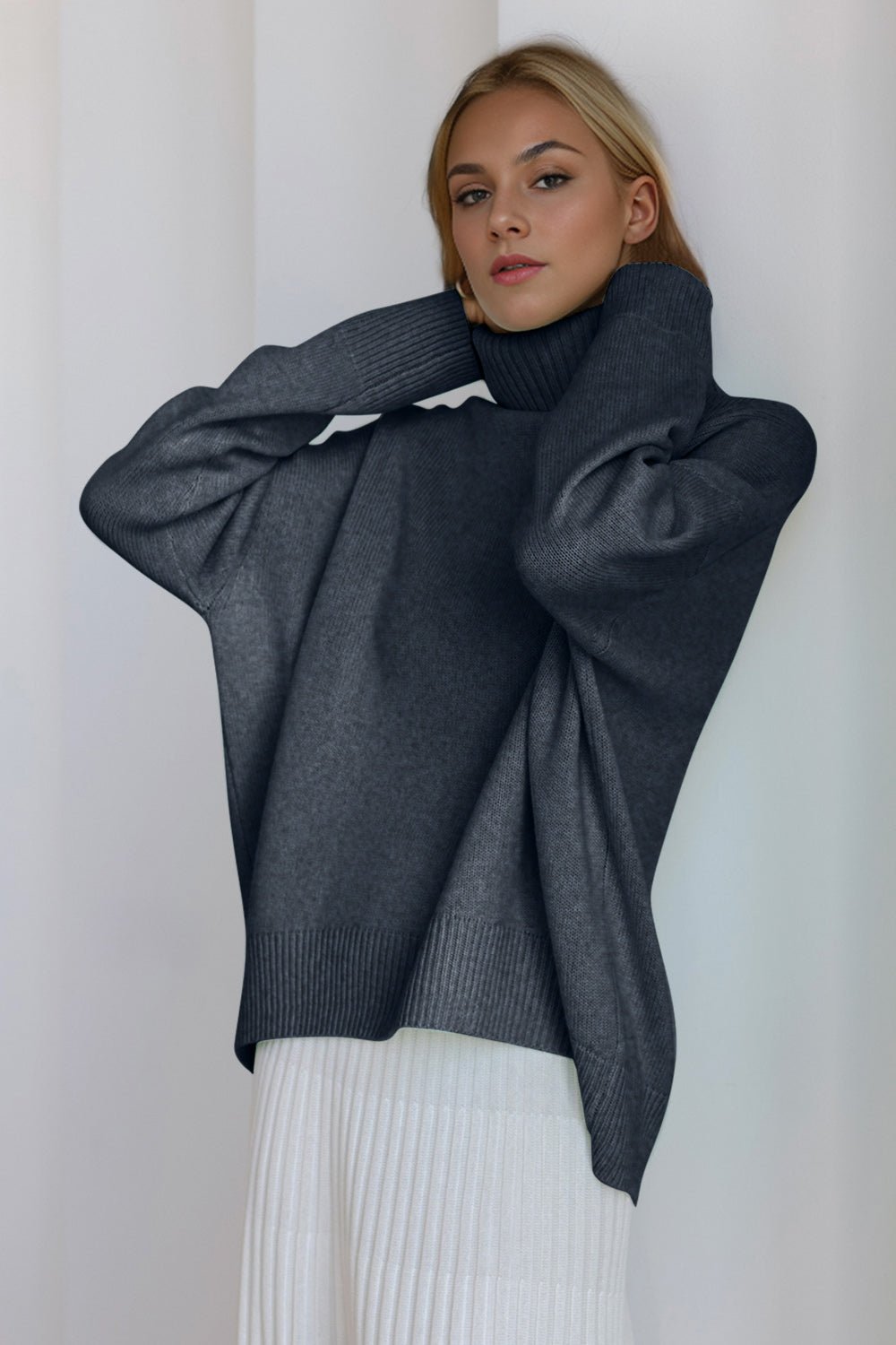 Basic Bae Turtleneck Dropped Shoulder Long Sleeve Sweater - Creative Designs by Shanny