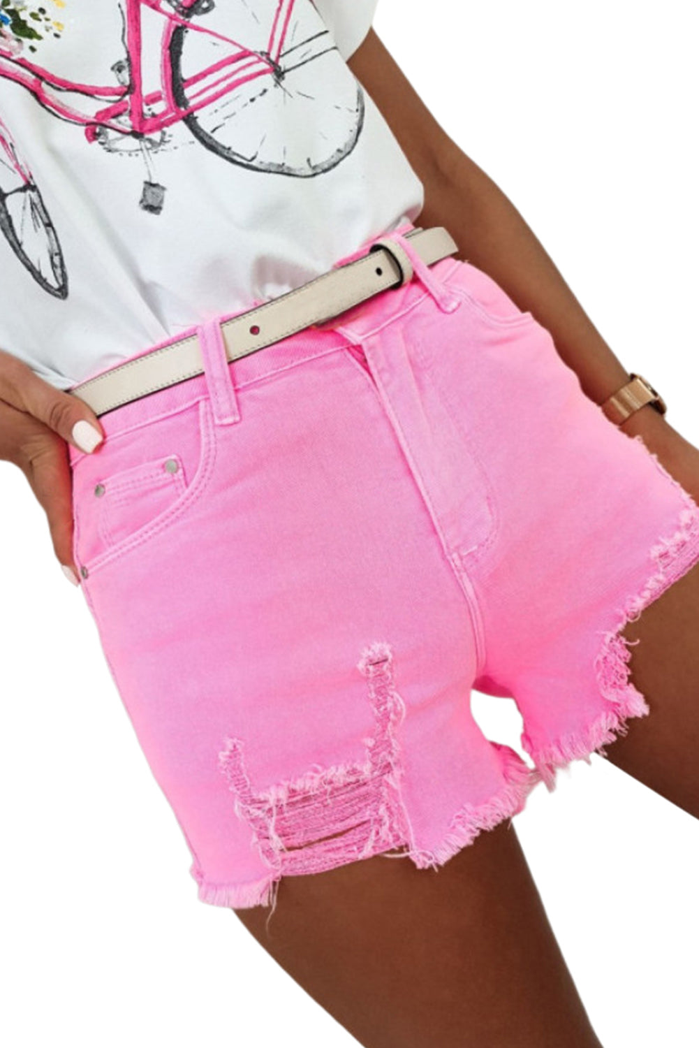 Rose Solid Color Distressed Denim Shorts