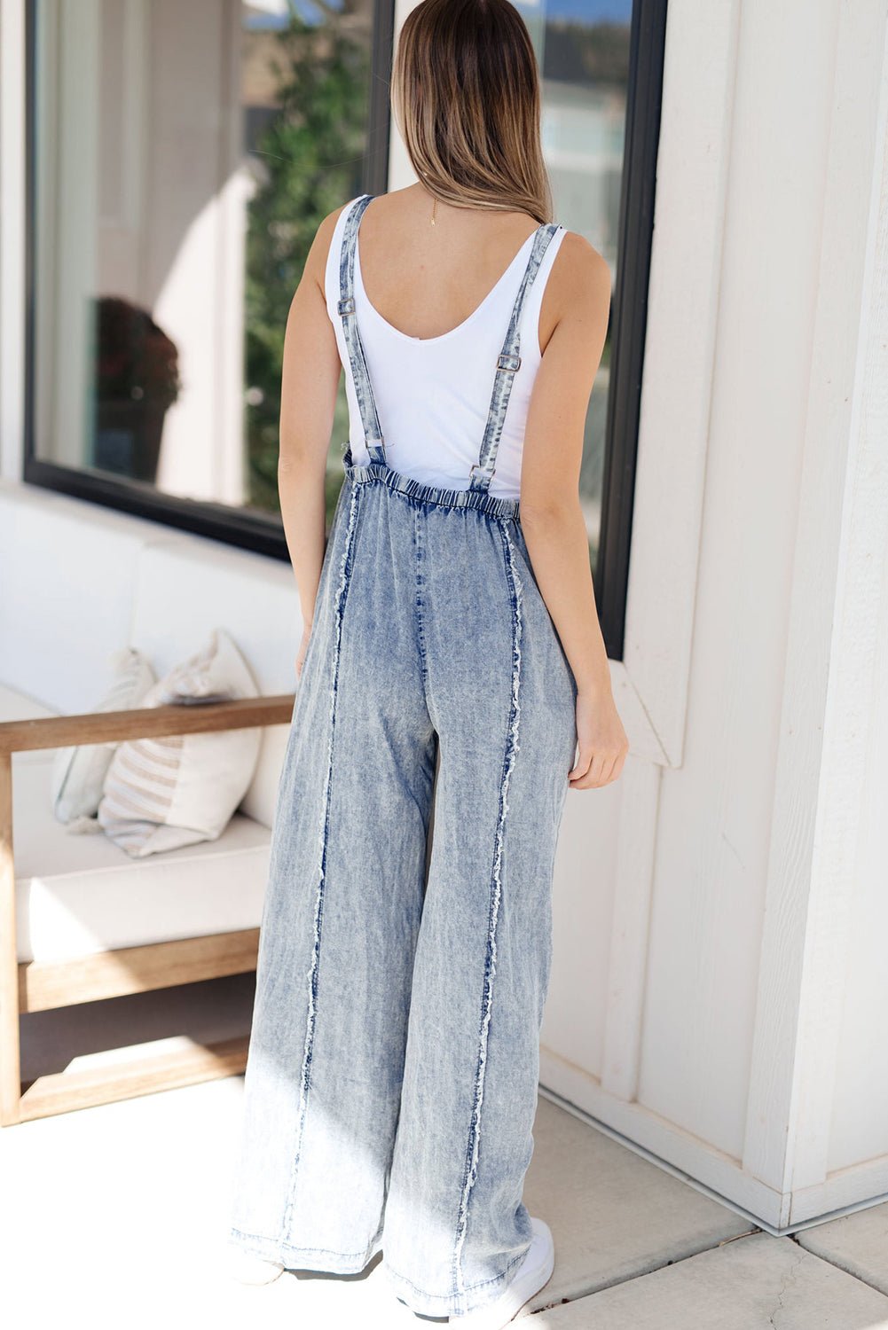 Beau Blue Light Wash Frayed Exposed Seam Wide Leg Denim Overall - Creative Designs by Shanny