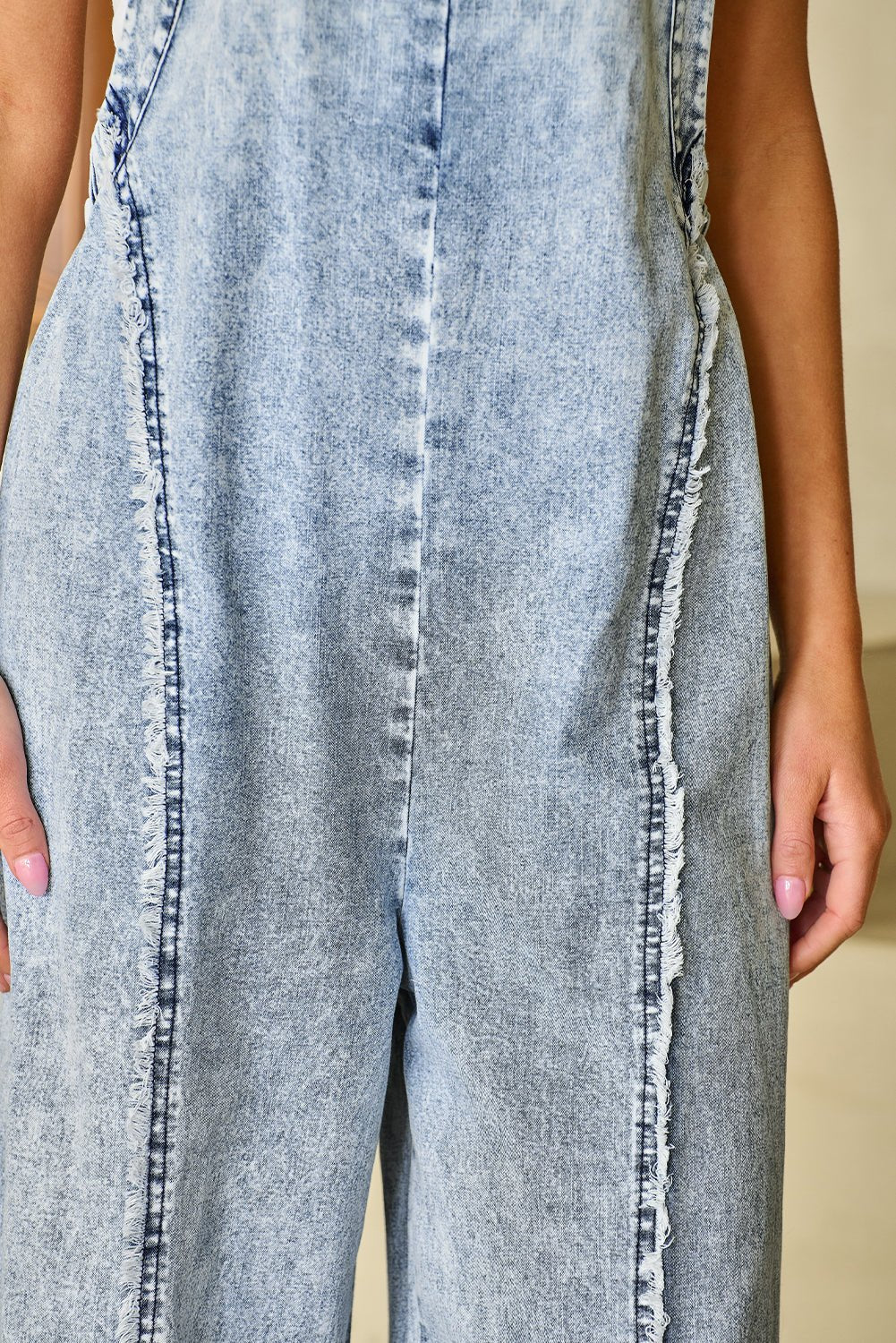 Beau Blue Light Wash Frayed Exposed Seam Wide Leg Denim Overall - Creative Designs by Shanny