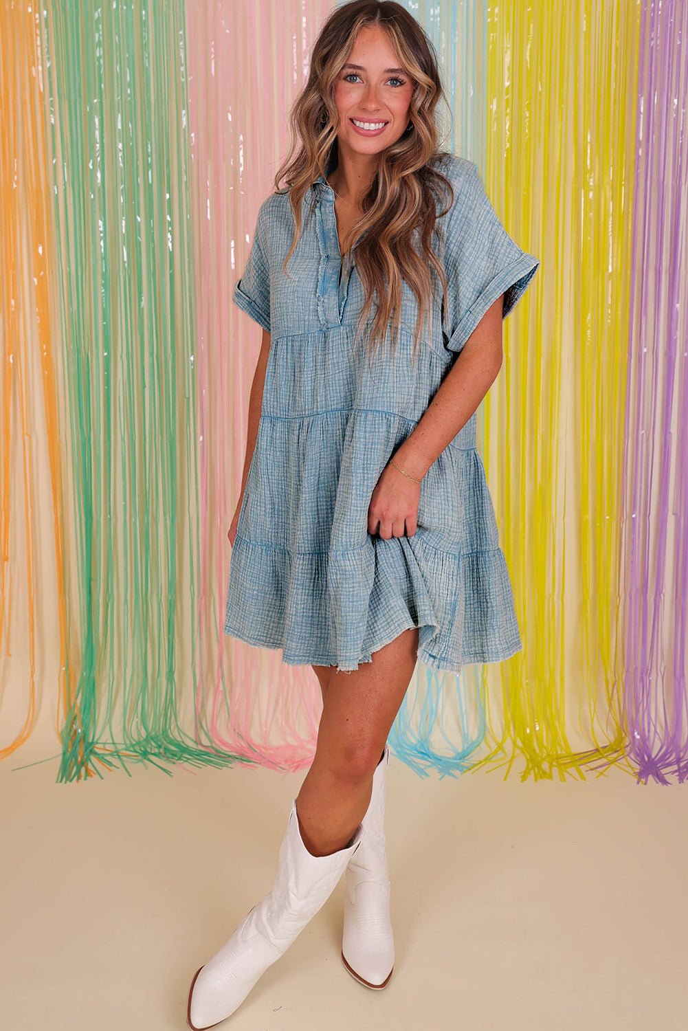 Beau Blue Mineral Wash Crinkle Split Neck Raw Hem Tiered Dress - Creative Designs by Shanny