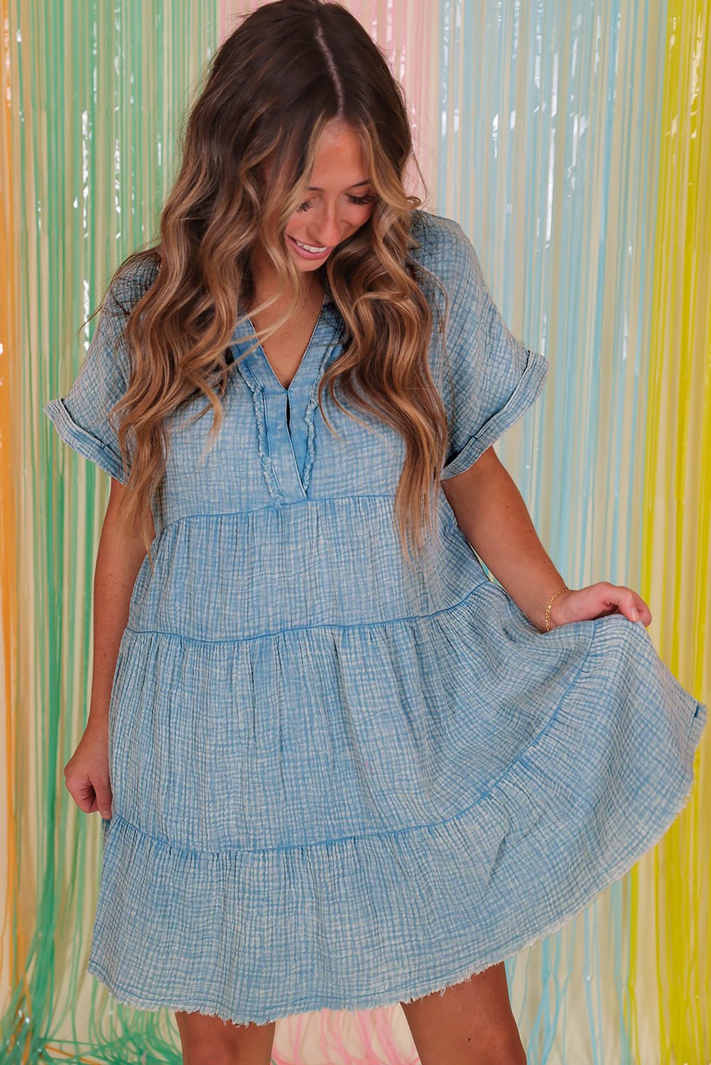 Beau Blue Mineral Wash Crinkle Split Neck Raw Hem Tiered Dress - Creative Designs by Shanny