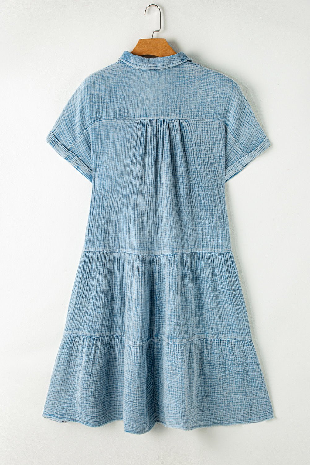 Beau Blue Mineral Wash Crinkle Split Neck Raw Hem Tiered Dress - Creative Designs by Shanny