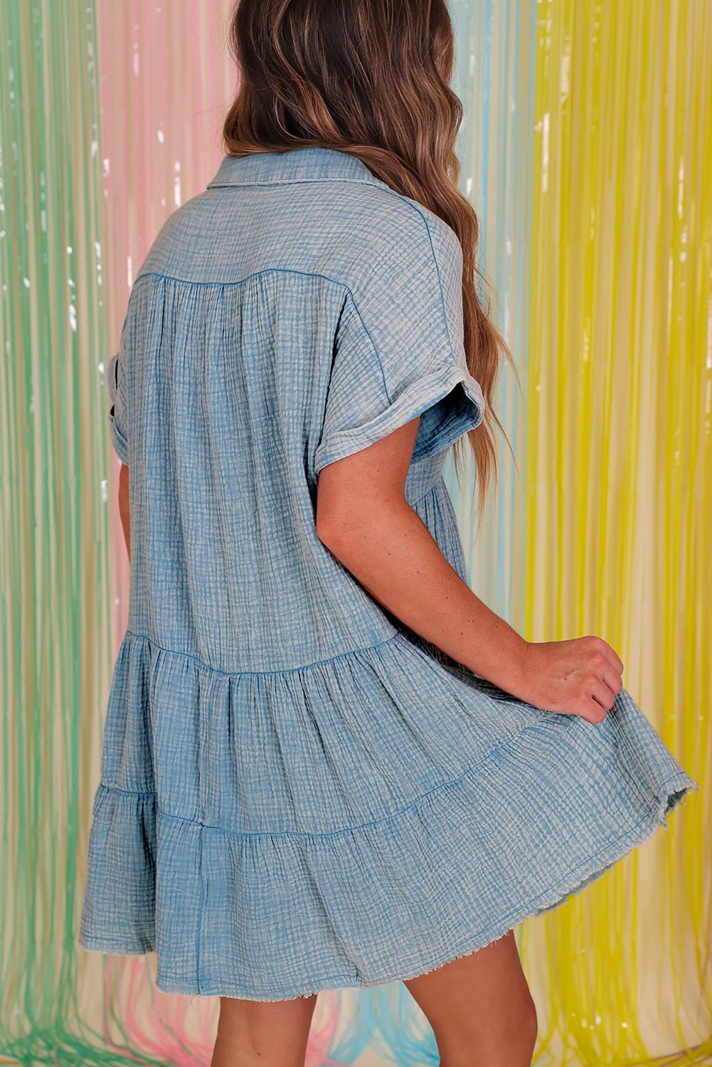 Beau Blue Mineral Wash Crinkle Split Neck Raw Hem Tiered Dress - Creative Designs by Shanny