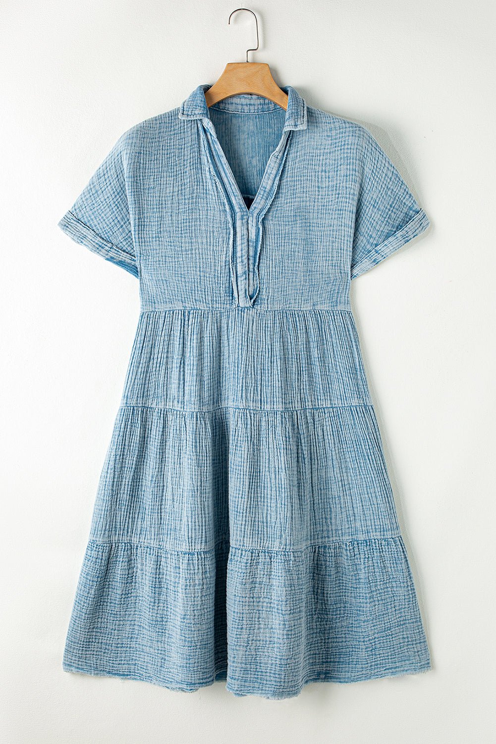 Beau Blue Mineral Wash Crinkle Split Neck Raw Hem Tiered Dress - Creative Designs by Shanny