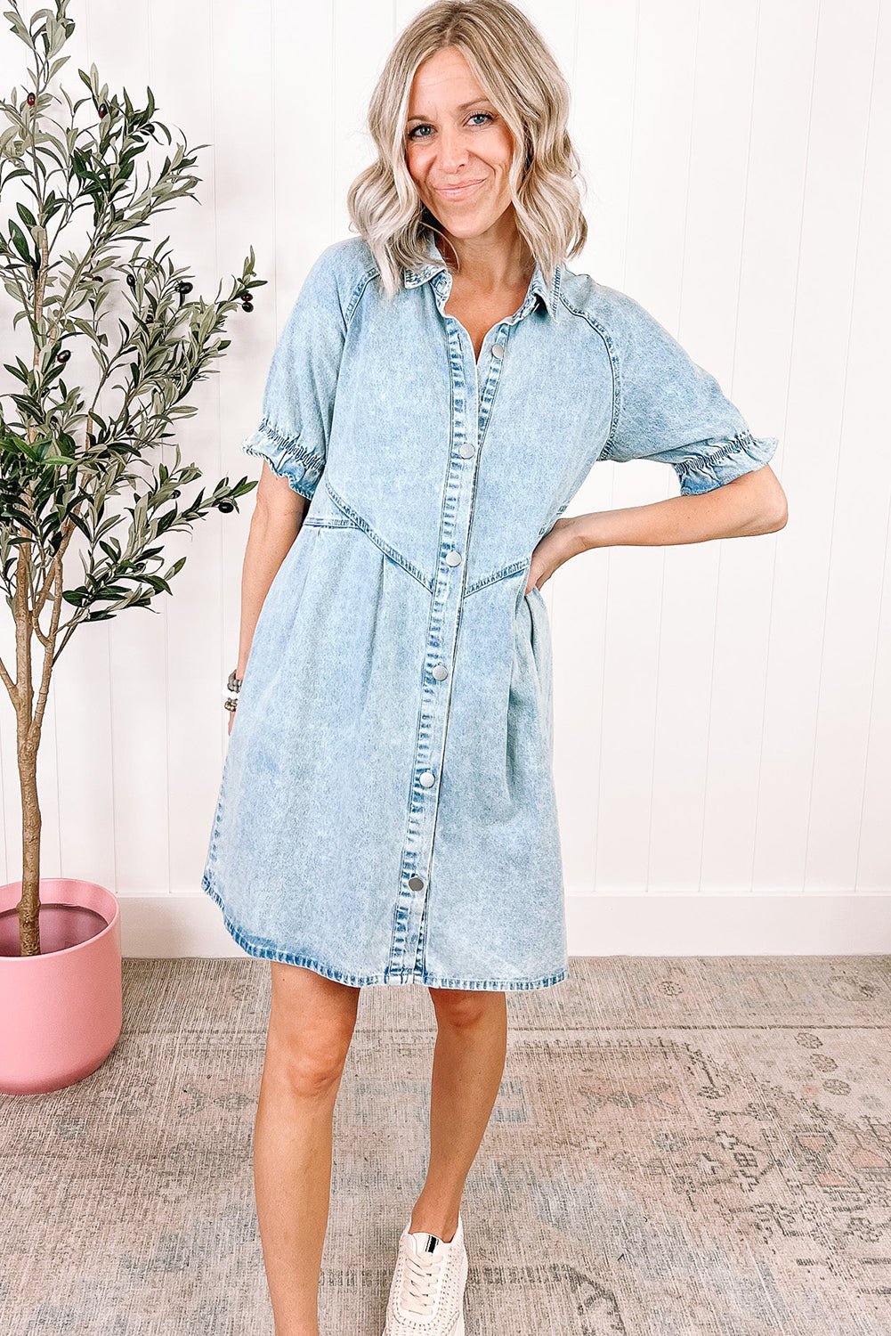 Beau Blue Mineral Wash Ruffled Short Sleeve Buttoned Denim Dress - Creative Designs by Shanny