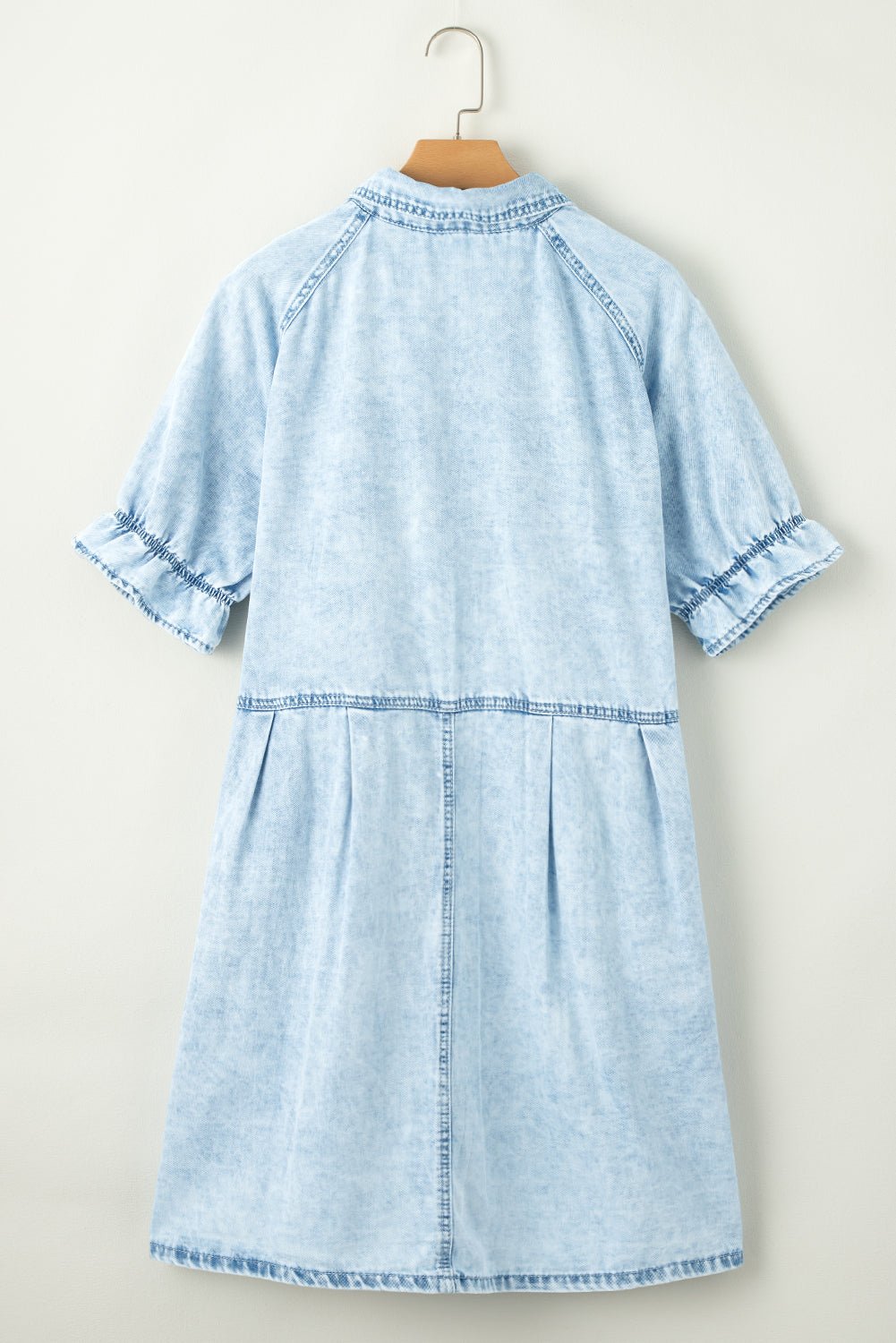 Beau Blue Mineral Wash Ruffled Short Sleeve Buttoned Denim Dress - Creative Designs by Shanny