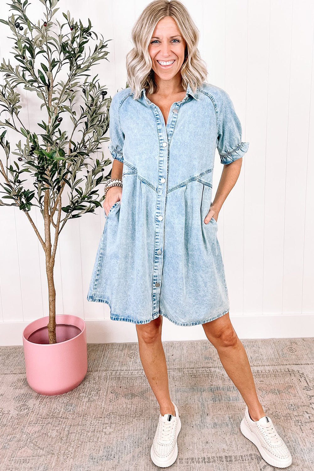 Beau Blue Mineral Wash Ruffled Short Sleeve Buttoned Denim Dress - Creative Designs by Shanny