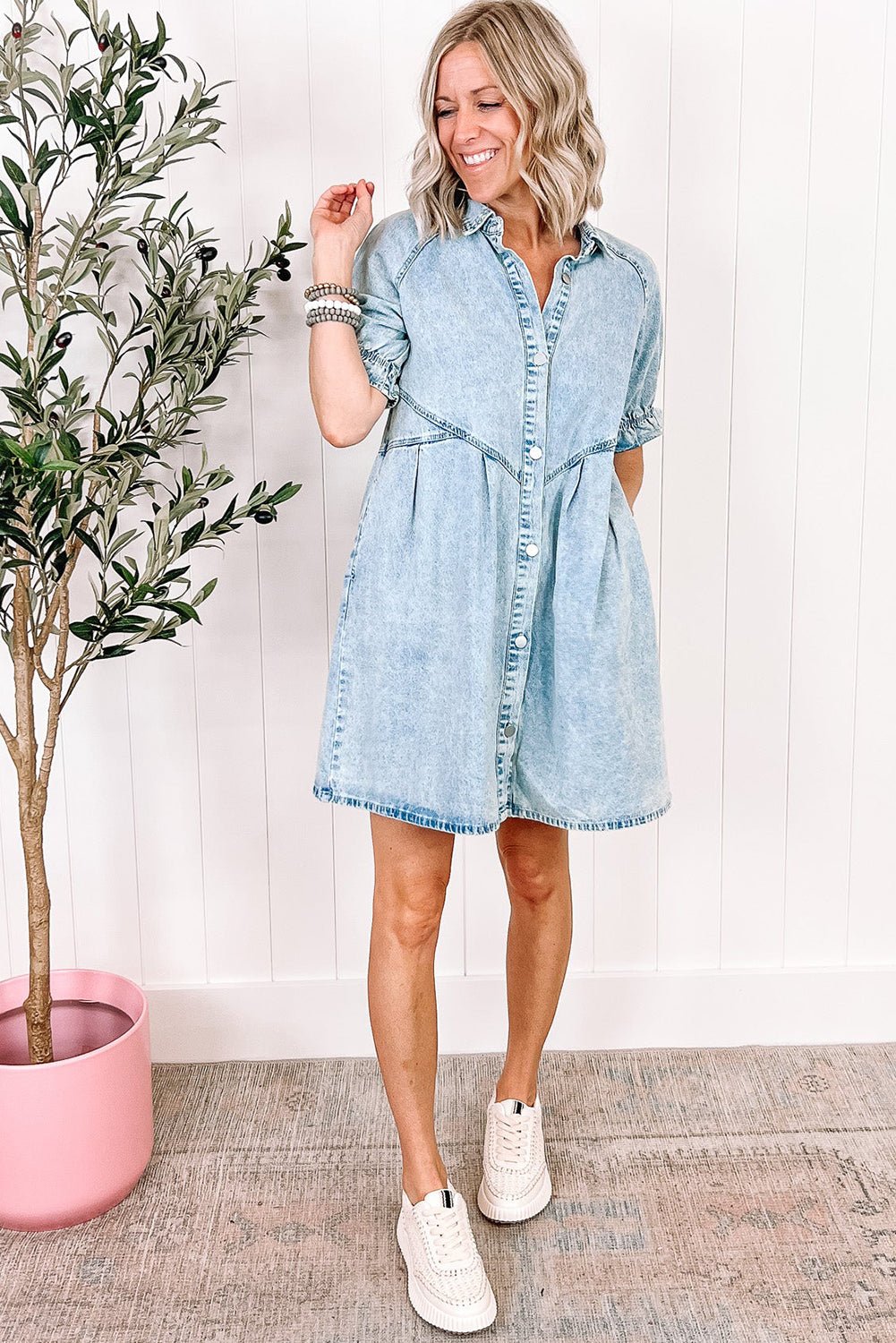 Beau Blue Mineral Wash Ruffled Short Sleeve Buttoned Denim Dress - Creative Designs by Shanny