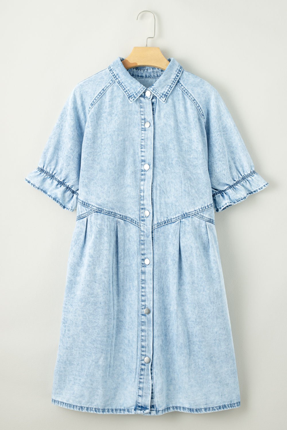 Beau Blue Mineral Wash Ruffled Short Sleeve Buttoned Denim Dress - Creative Designs by Shanny