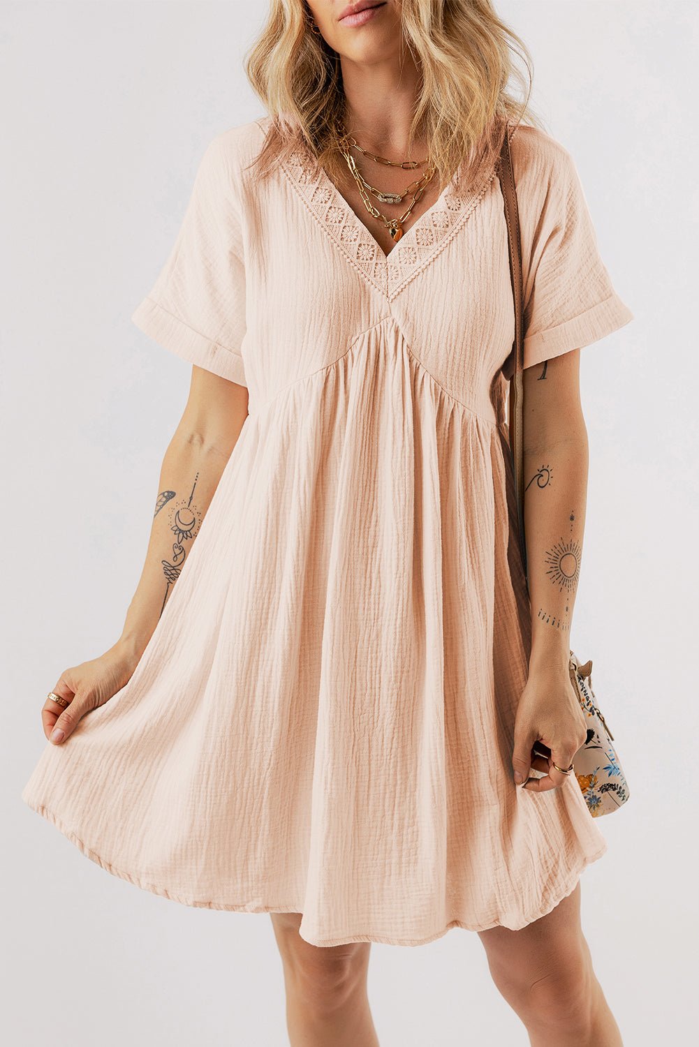 Beige Folded Short Sleeve Lace V Neck Mini Dress - Creative Designs by Shanny