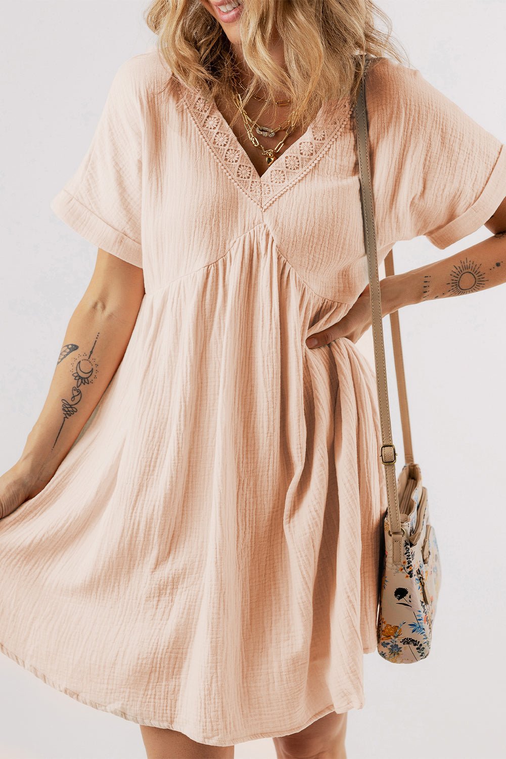 Beige Folded Short Sleeve Lace V Neck Mini Dress - Creative Designs by Shanny