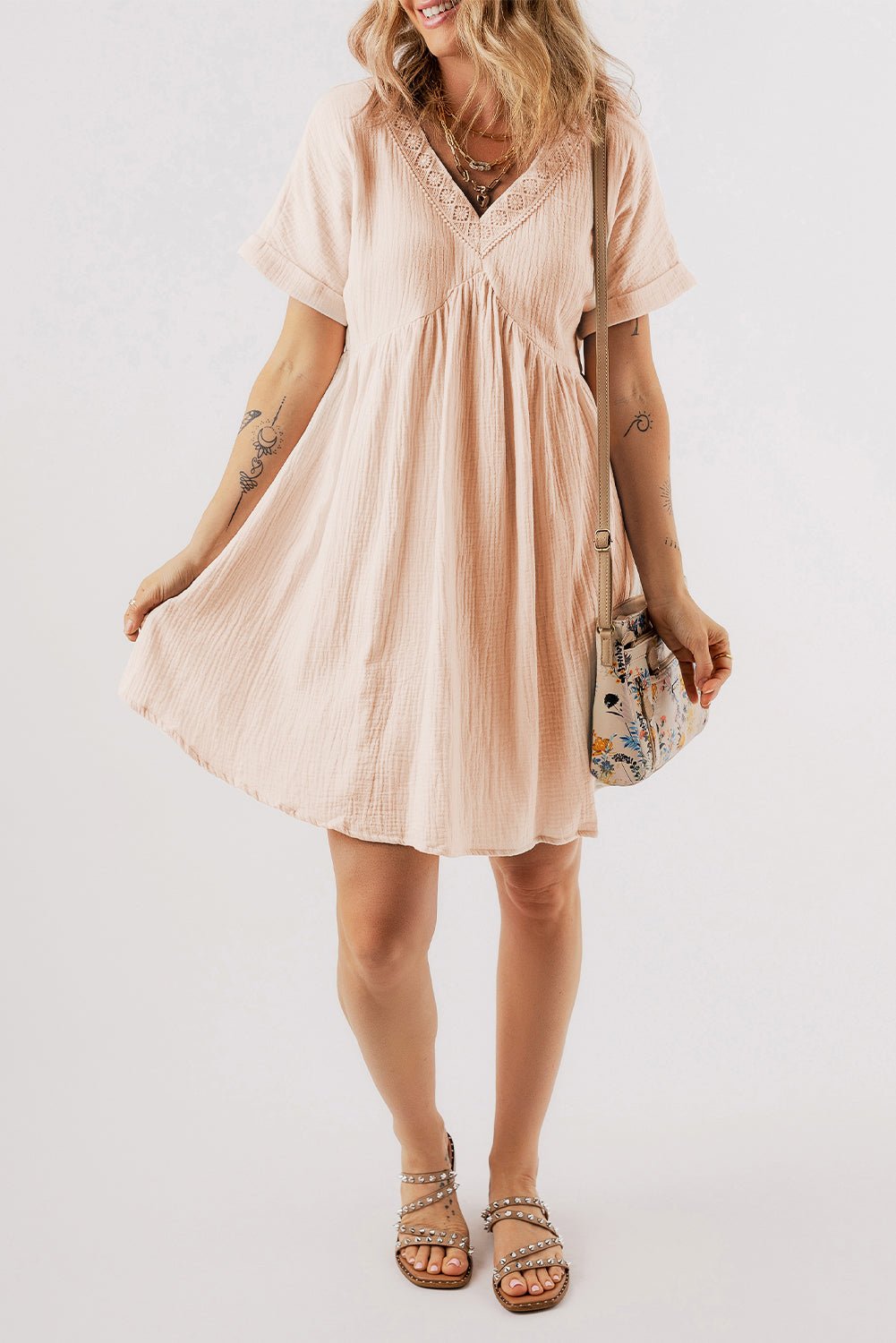 Beige Folded Short Sleeve Lace V Neck Mini Dress - Creative Designs by Shanny