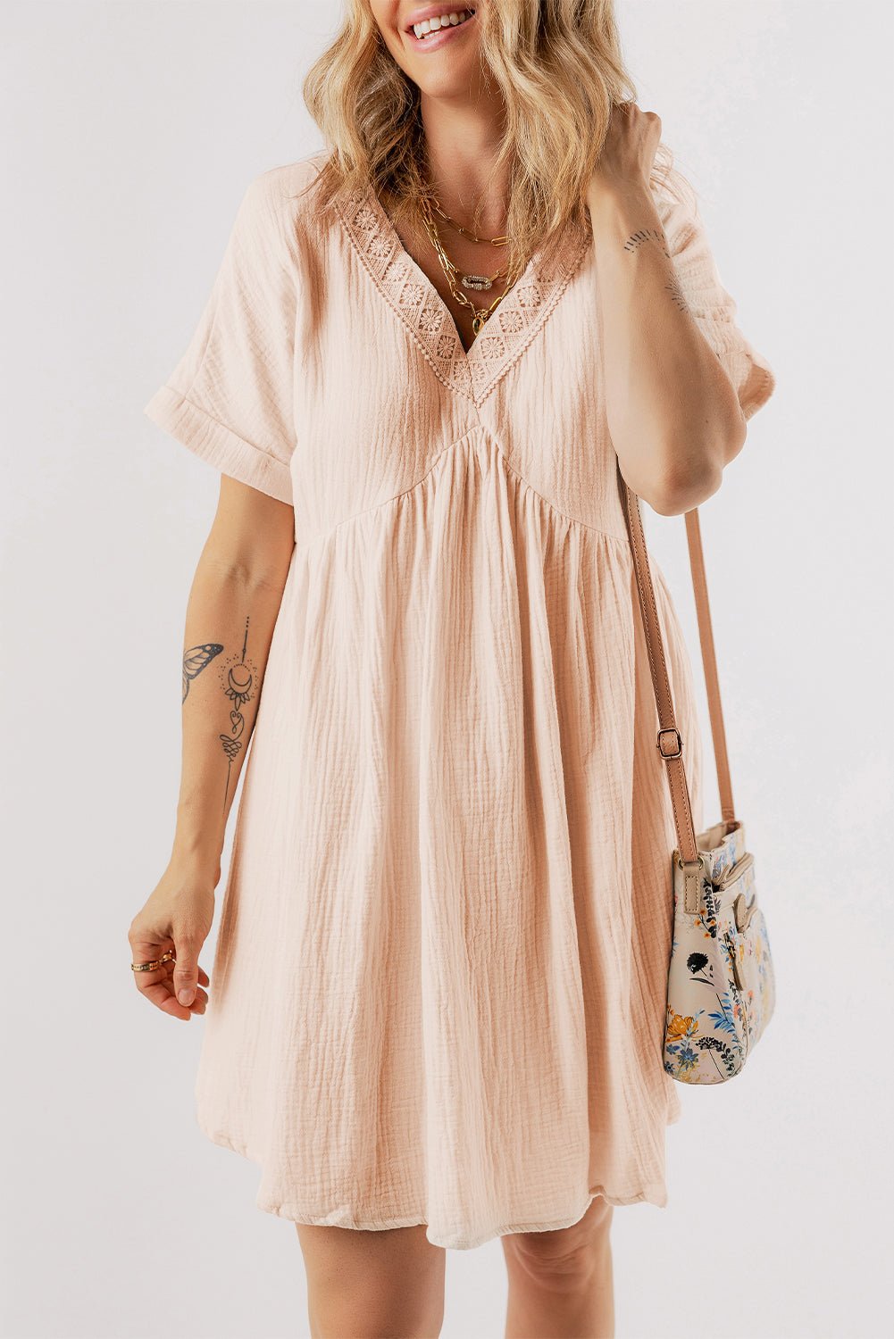 Beige Folded Short Sleeve Lace V Neck Mini Dress - Creative Designs by Shanny