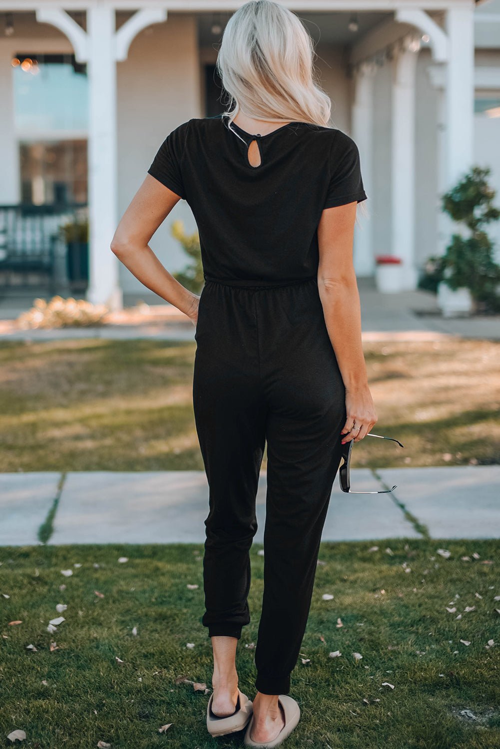 Belted V - Neck Jogger Jumpsuit - Creative Designs by Shanny