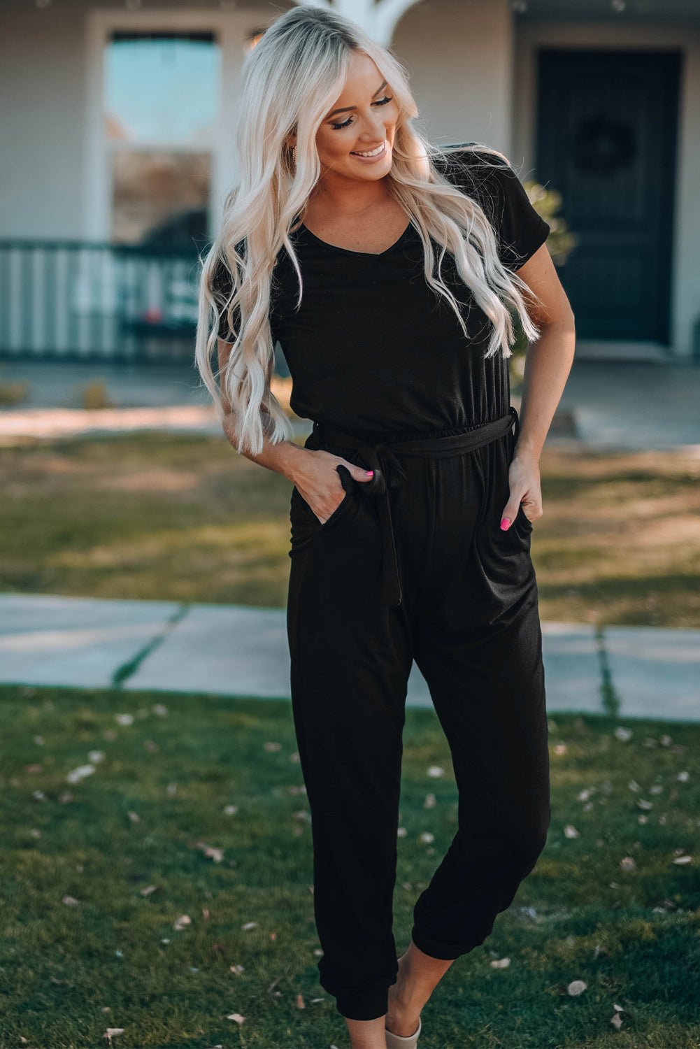 Belted V - Neck Jogger Jumpsuit - Creative Designs by Shanny