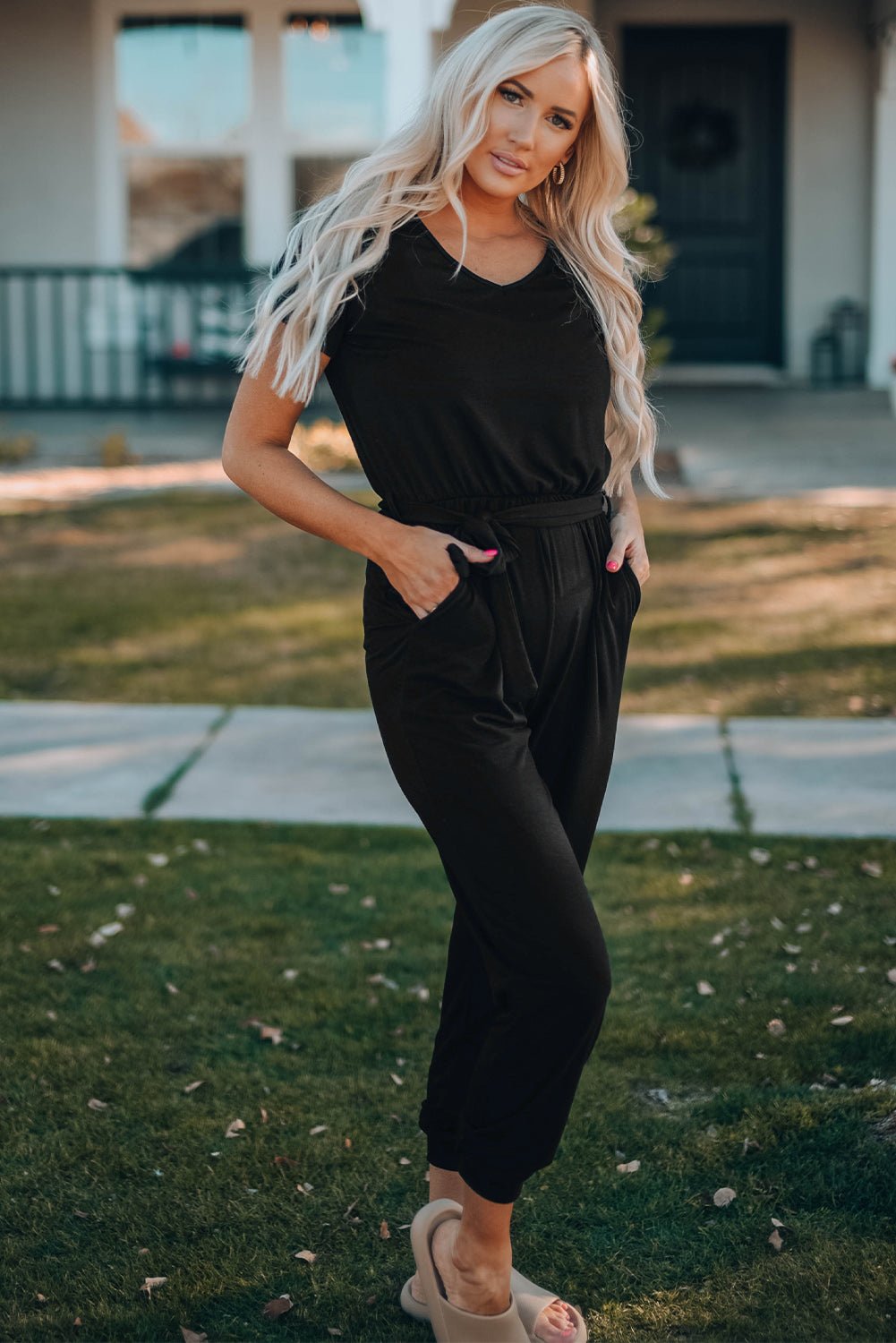 Belted V - Neck Jogger Jumpsuit - Creative Designs by Shanny