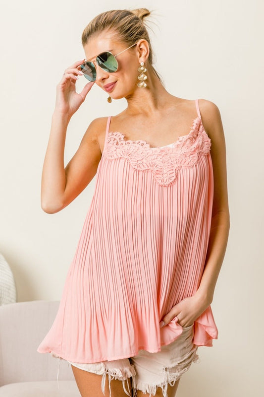 BiBi Front Lace Detailed Pleated Chiffon Cami - Creative Designs by Shanny