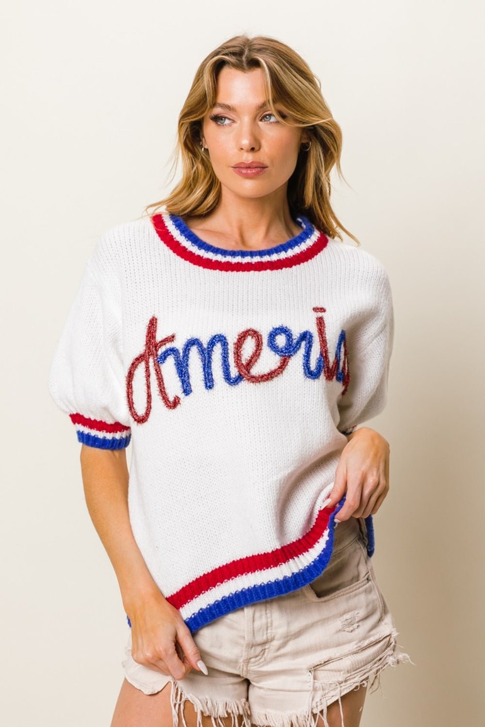 BiBi Metallic America Letter Short Sleeve Sweater - Creative Designs by Shanny