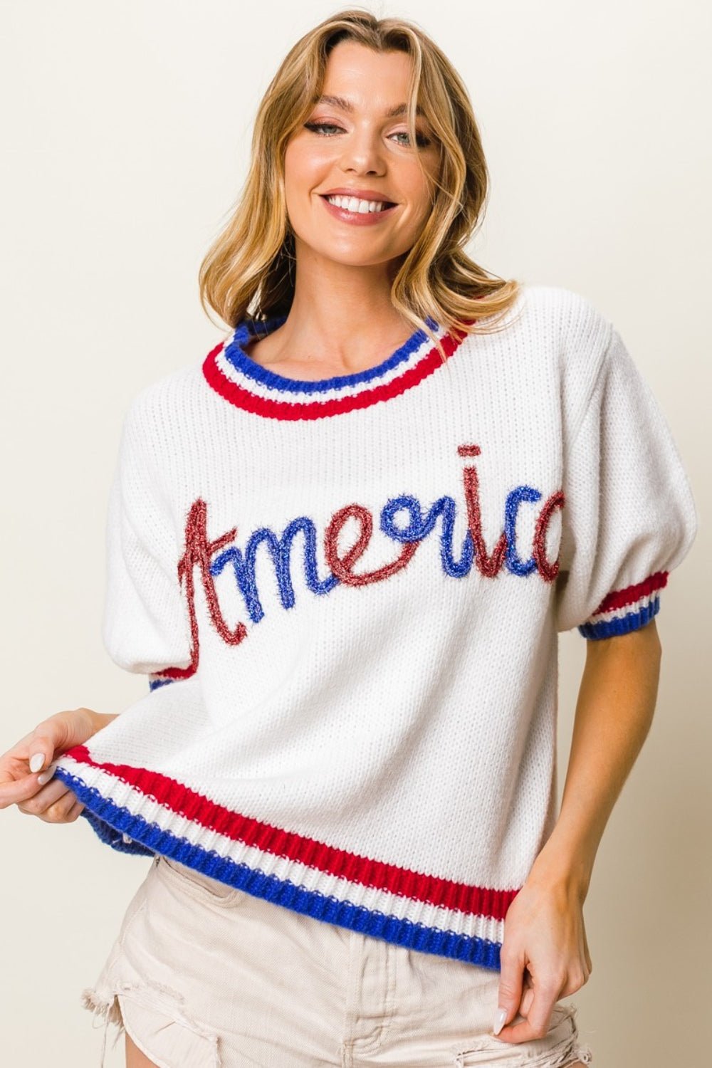 BiBi Metallic America Letter Short Sleeve Sweater - Creative Designs by Shanny