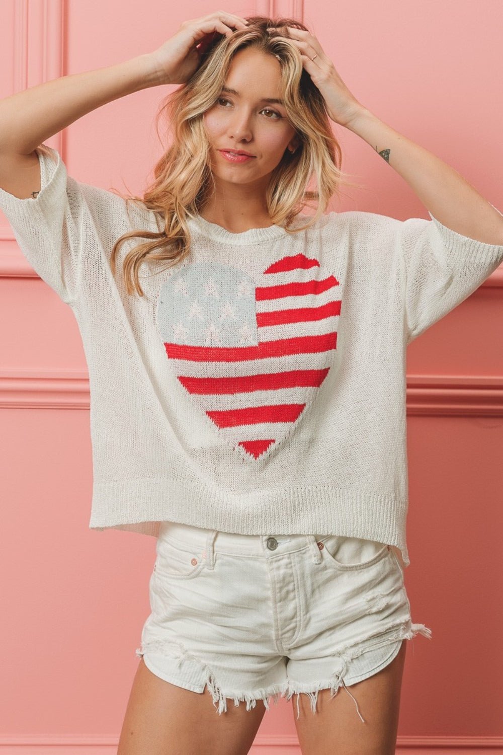 BiBi Striped Heart Contrast Knit Top - Creative Designs by Shanny