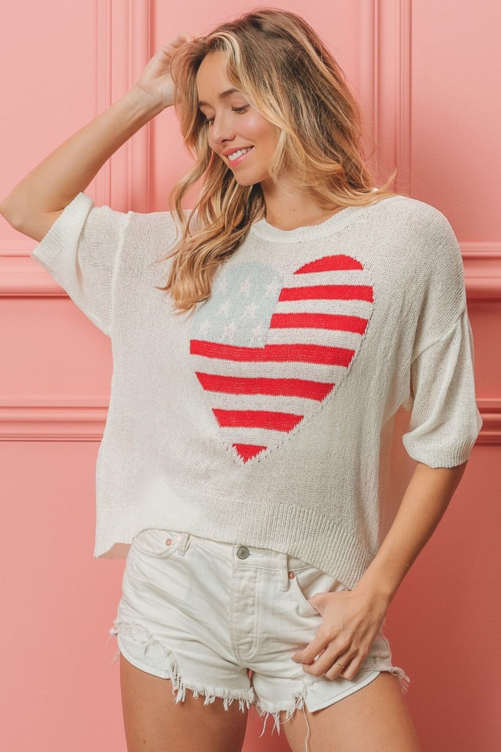 BiBi Striped Heart Contrast Knit Top - Creative Designs by Shanny