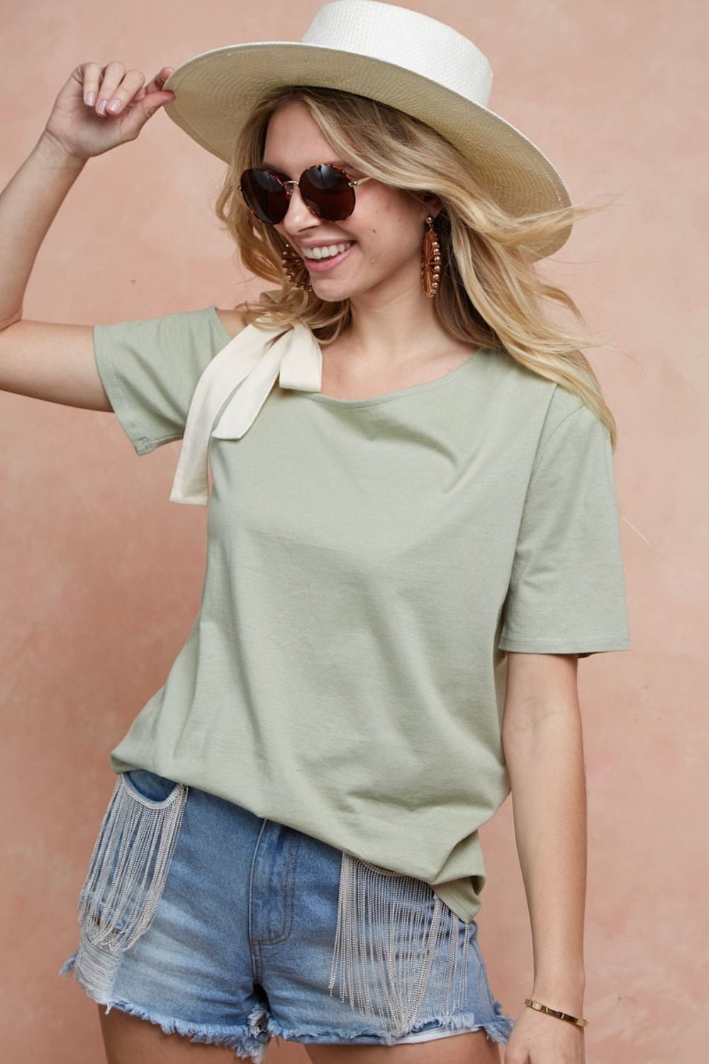 BiBi Tied Ribbon One Shoulder Short Sleeve T-Shirt - Creative Designs by Shanny