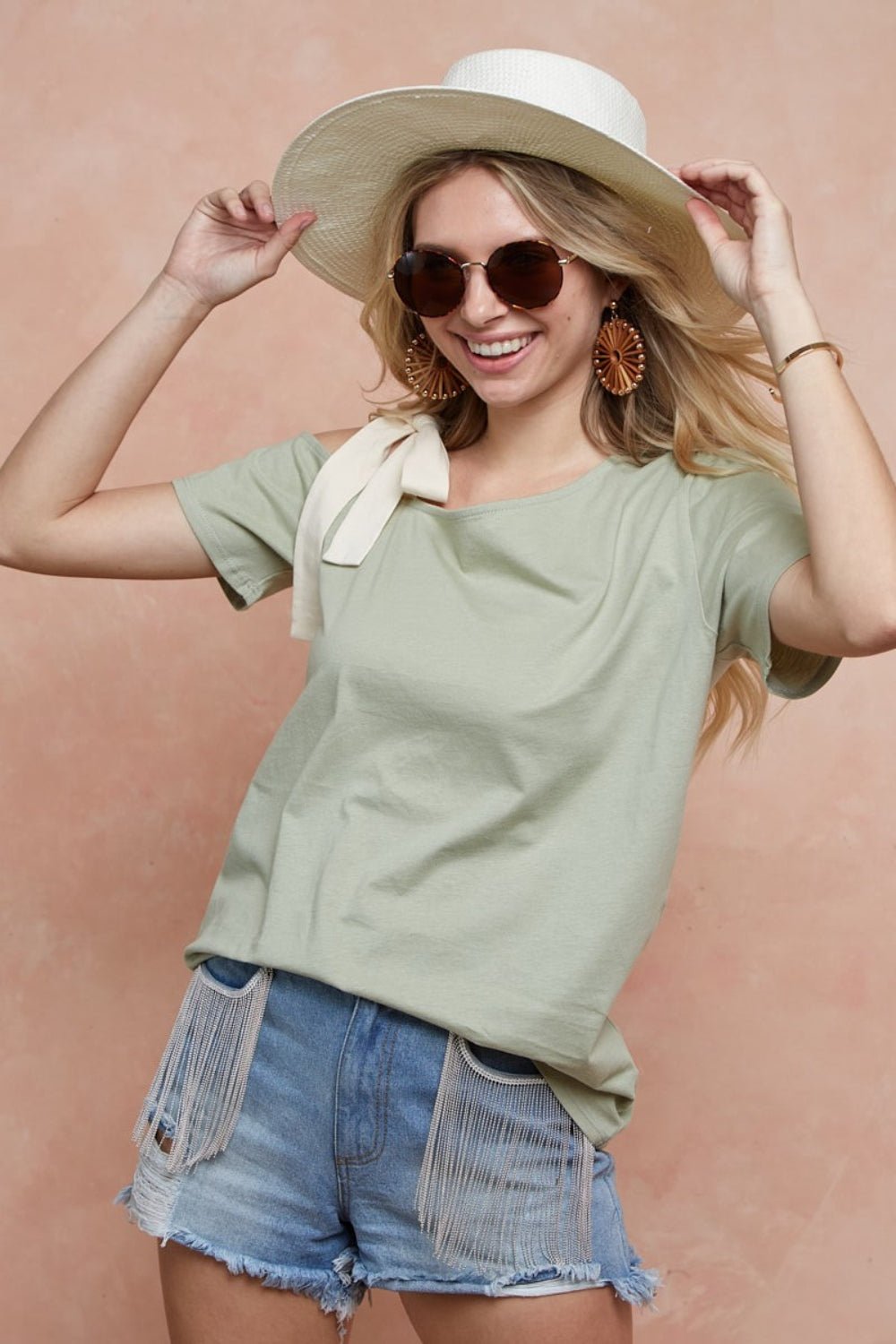 BiBi Tied Ribbon One Shoulder Short Sleeve T-Shirt - Creative Designs by Shanny