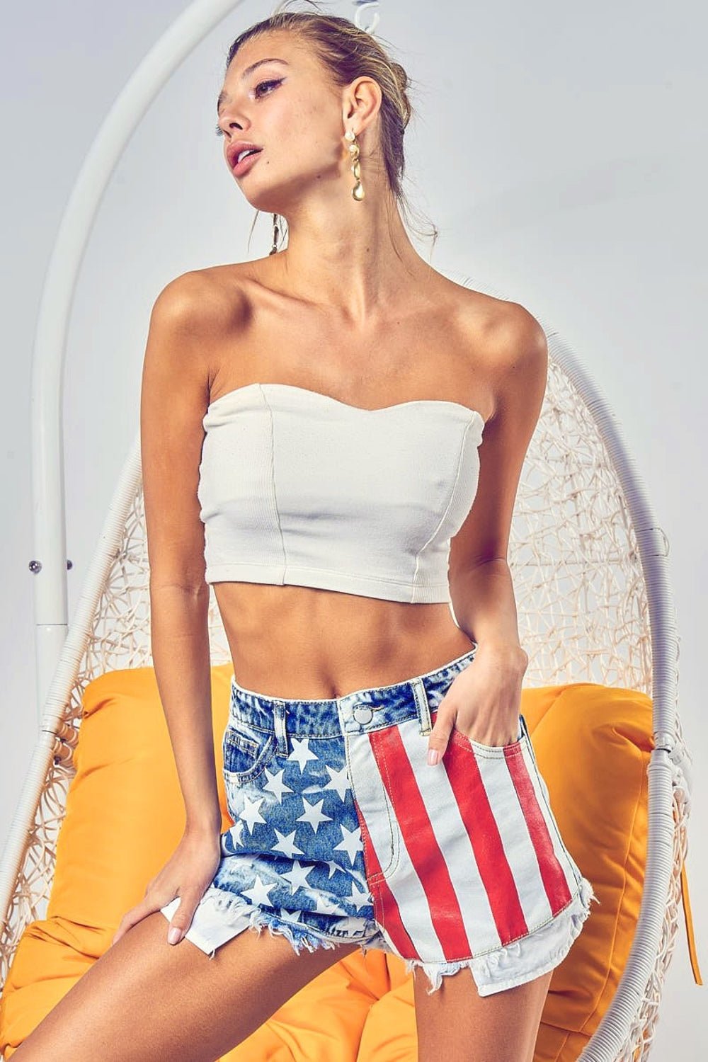 BiBi US Flag Theme Bleached Denim Shorts - Creative Designs by Shanny