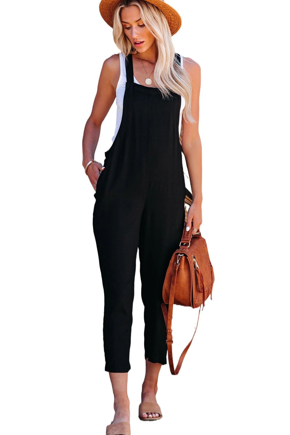 Black Adjustable Buckle Straps Cropped Jumpsuit - Creative Designs by Shanny