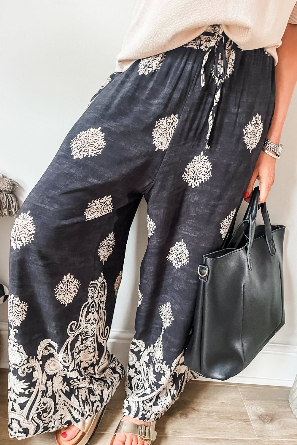 Black Bohemian Print Drawstring Waist Wide Leg Pants - Creative Designs by Shanny